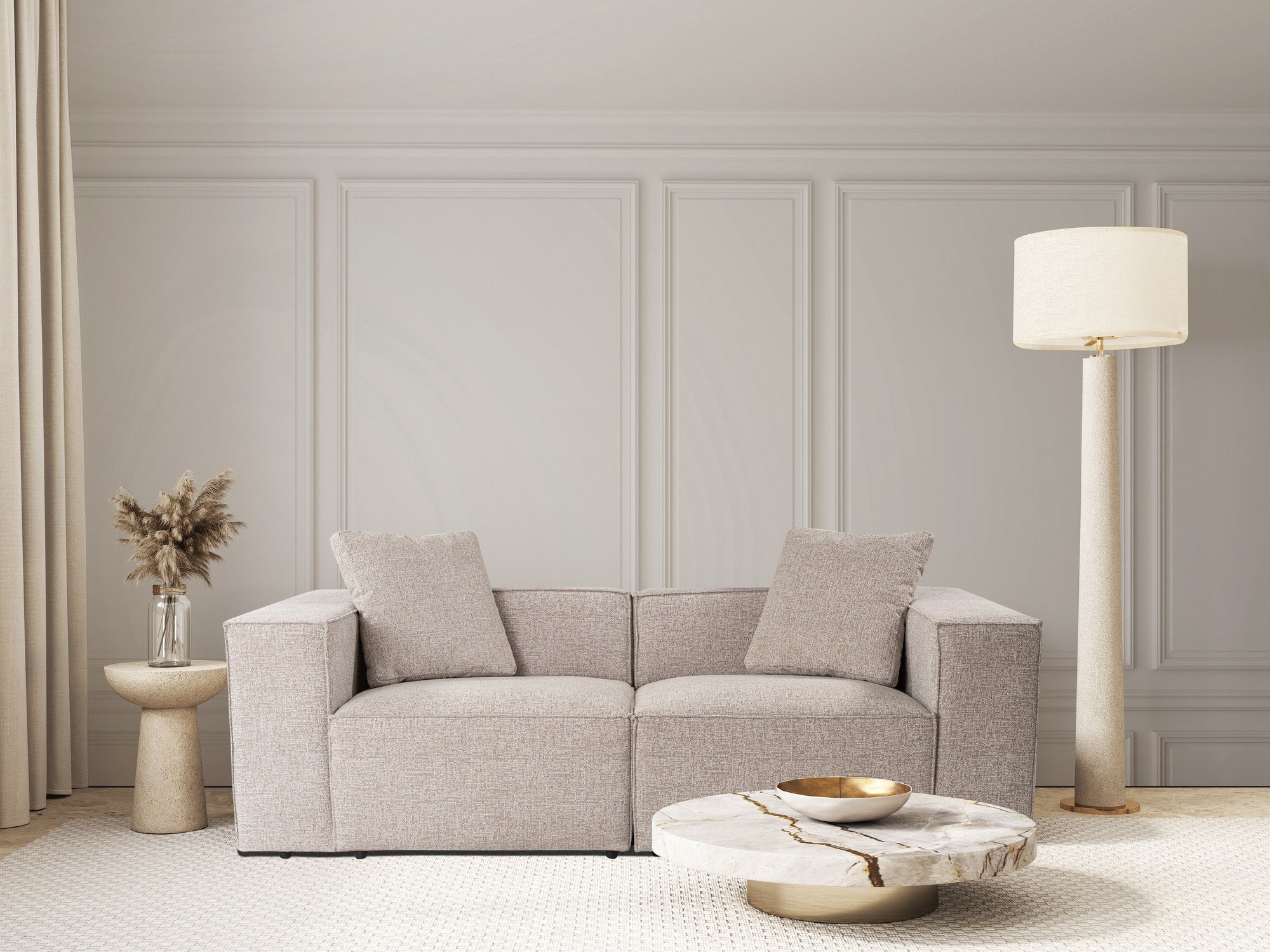 Sofá elegante de 2 lugares, cor mocha, 220 x 108 x 65 cm | Estrutura 100% madeira de carpa, tecido 100% poliéster, espuma 32 DNS, inclui 2 almofadas | Perfeito para salas de estar modernas
