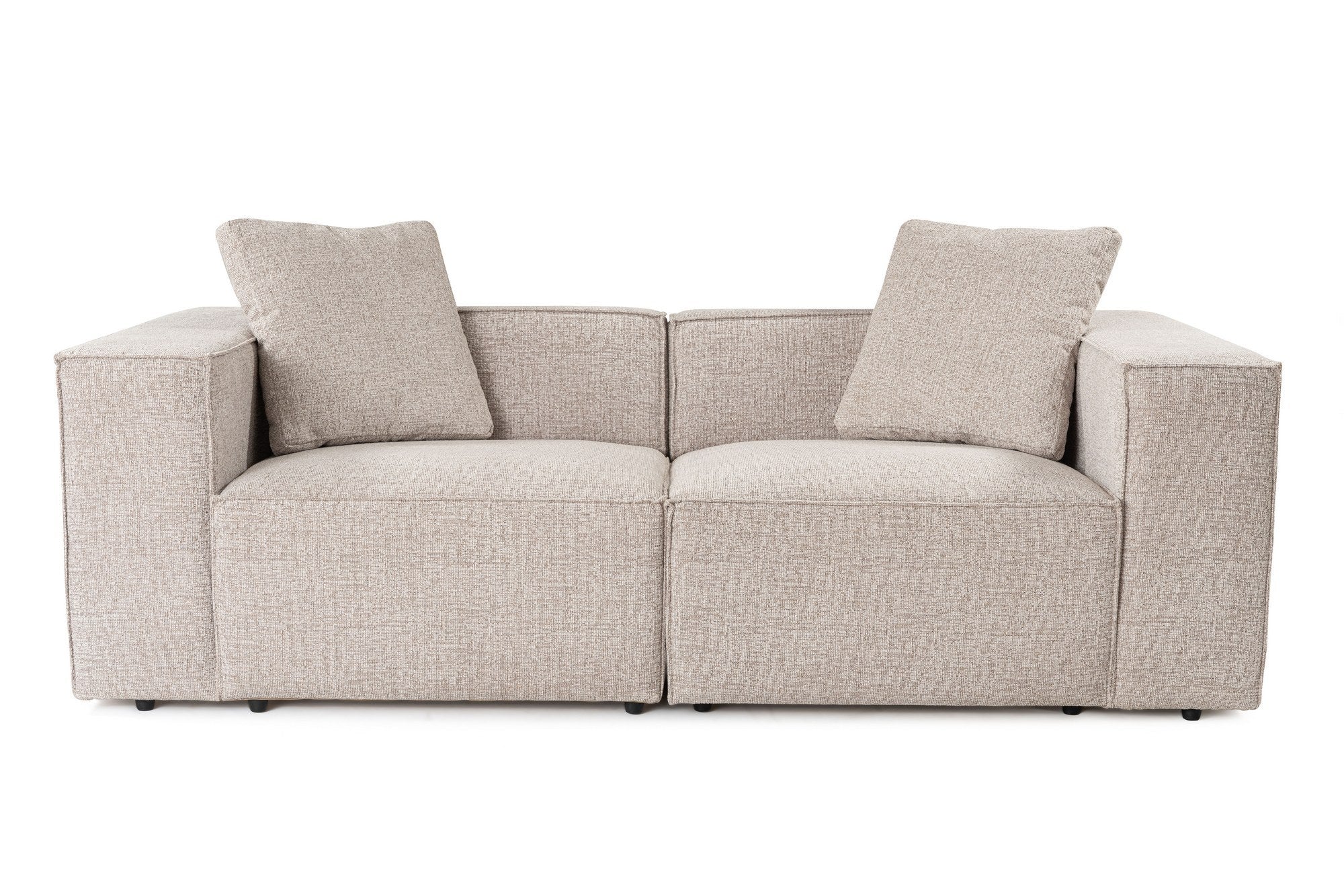 Sofá elegante de 2 lugares, cor mocha, 220 x 108 x 65 cm | Estrutura 100% madeira de carpa, tecido 100% poliéster, espuma 32 DNS, inclui 2 almofadas | Perfeito para salas de estar modernas