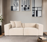 Sofá elegante de 2 lugares, cor pêssego, 220 x 108 x 65 cm | Estrutura 100% madeira de carpa, tecido 100% linho, espuma 32 DNS, inclui 2 almofadas | Conforto elegante para salas de estar modernas