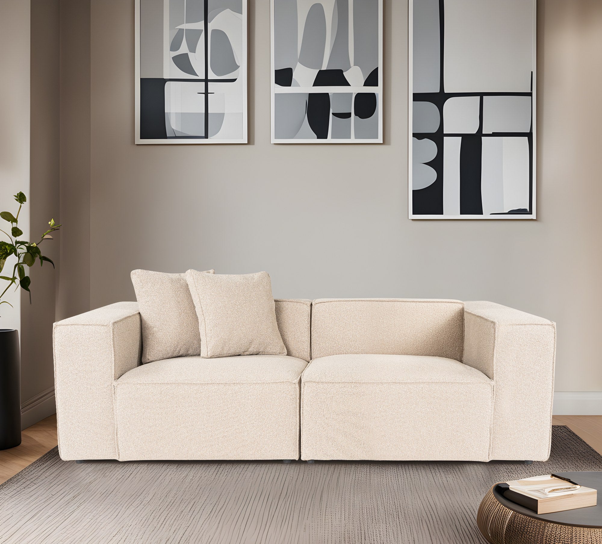 Sofá elegante de 2 lugares, cor pêssego, 220 x 108 x 65 cm | Estrutura 100% madeira de carpa, tecido 100% linho, espuma 32 DNS, inclui 2 almofadas | Conforto elegante para salas de estar modernas