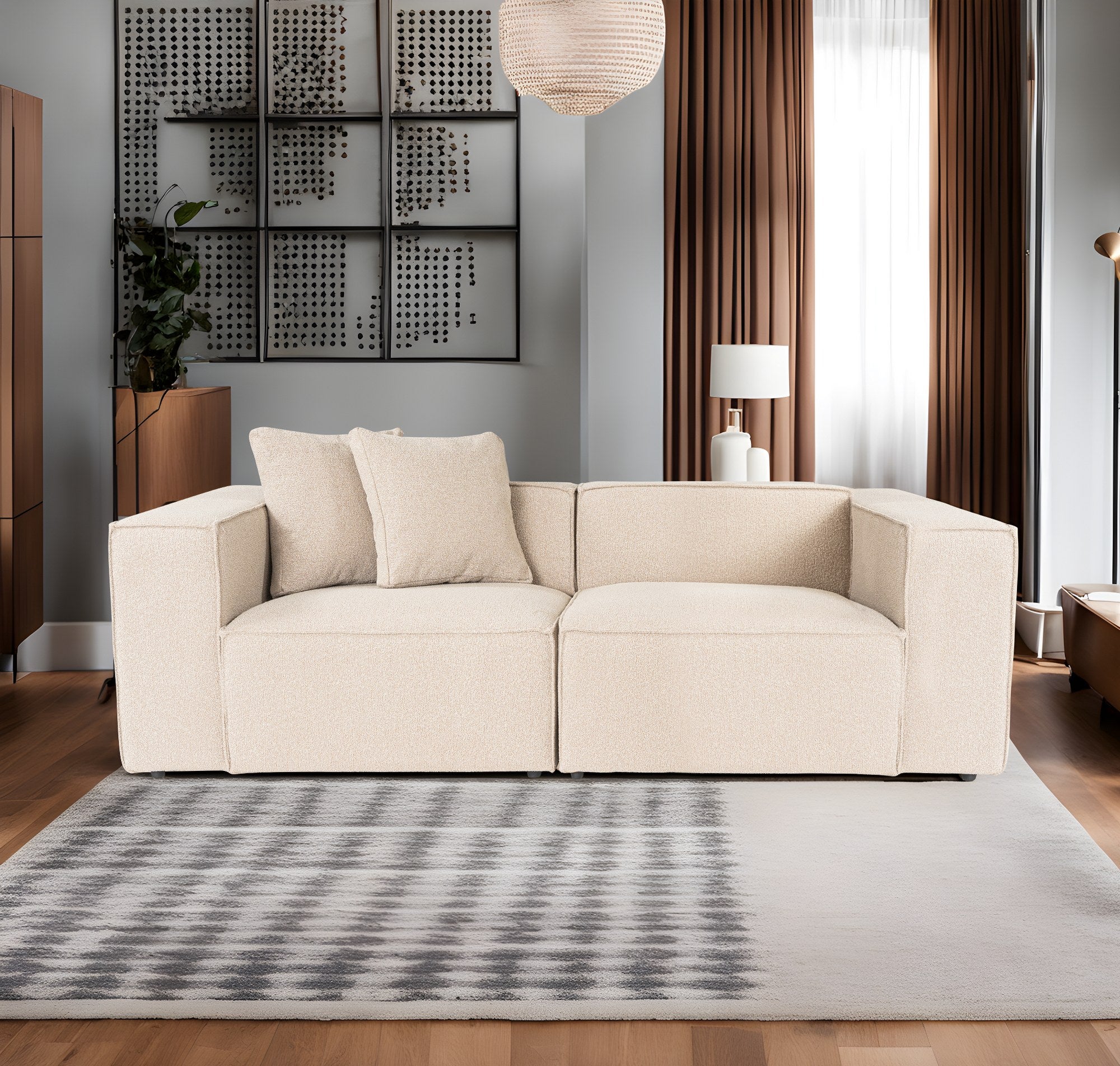 Sofá elegante de 2 lugares, cor pêssego, 220 x 108 x 65 cm | Estrutura 100% madeira de carpa, tecido 100% linho, espuma 32 DNS, inclui 2 almofadas | Conforto elegante para salas de estar modernas