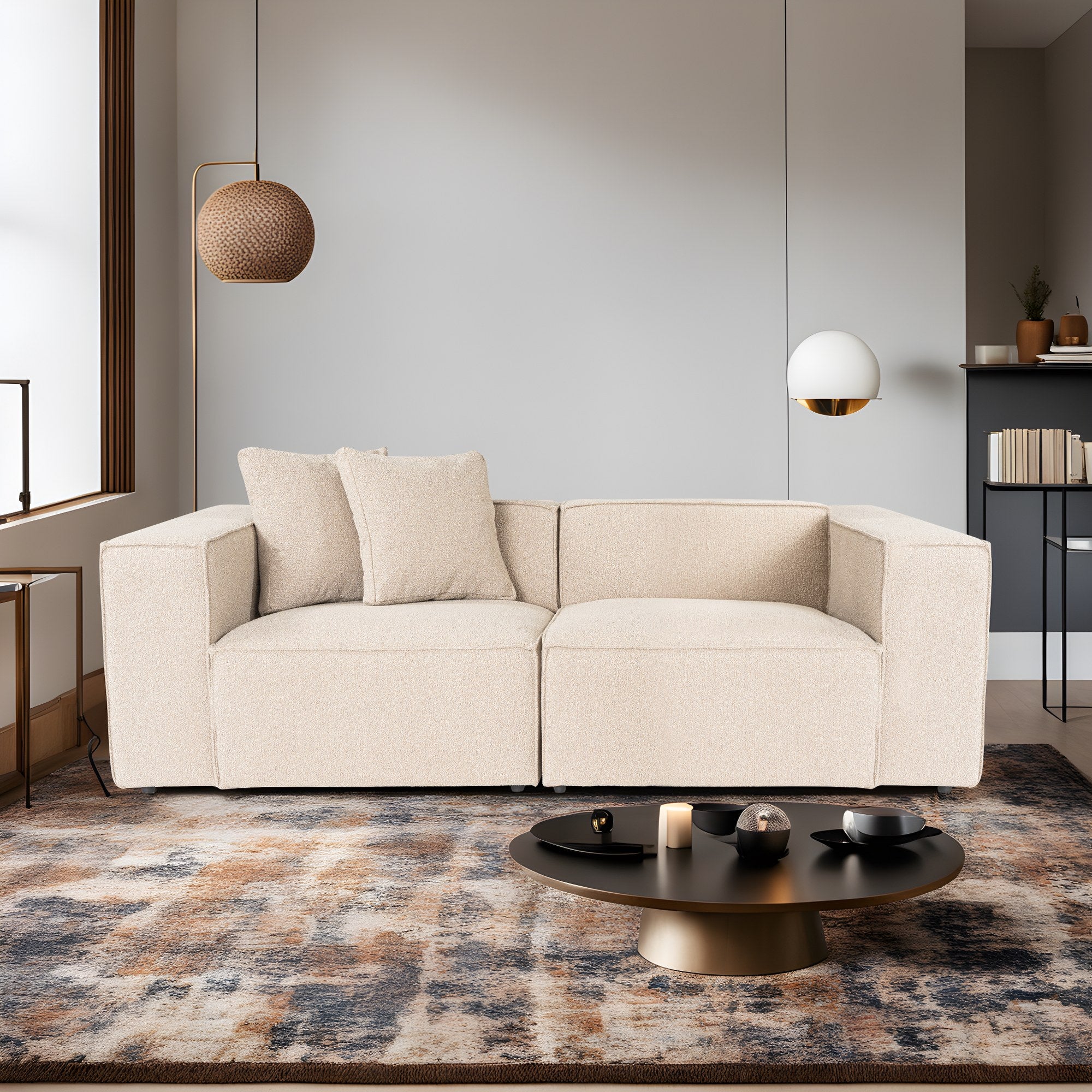 Sofá elegante de 2 lugares, cor pêssego, 220 x 108 x 65 cm | Estrutura 100% madeira de carpa, tecido 100% linho, espuma 32 DNS, inclui 2 almofadas | Conforto elegante para salas de estar modernas