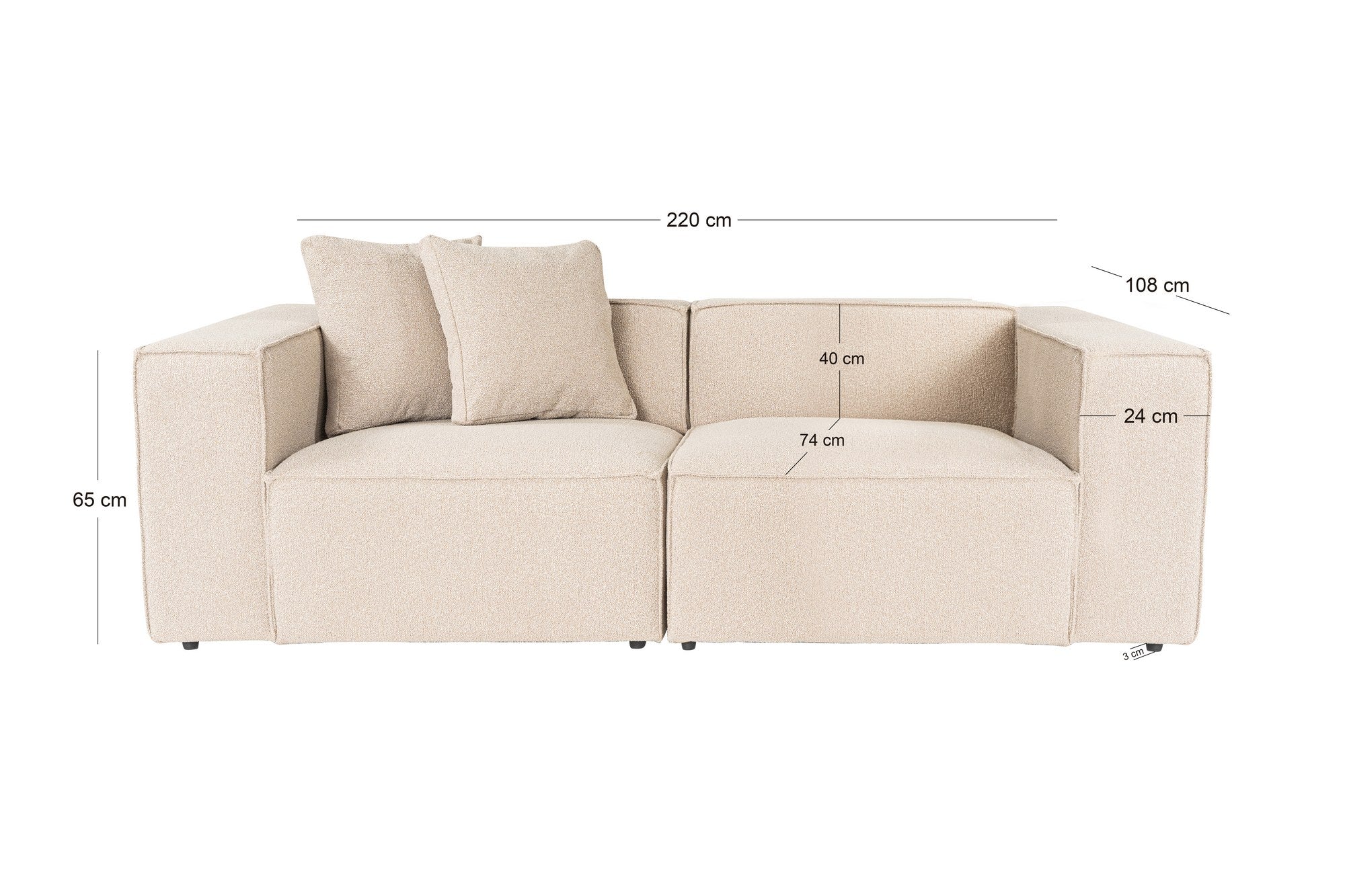 Sofá elegante de 2 lugares, cor pêssego, 220 x 108 x 65 cm | Estrutura 100% madeira de carpa, tecido 100% linho, espuma 32 DNS, inclui 2 almofadas | Conforto elegante para salas de estar modernas