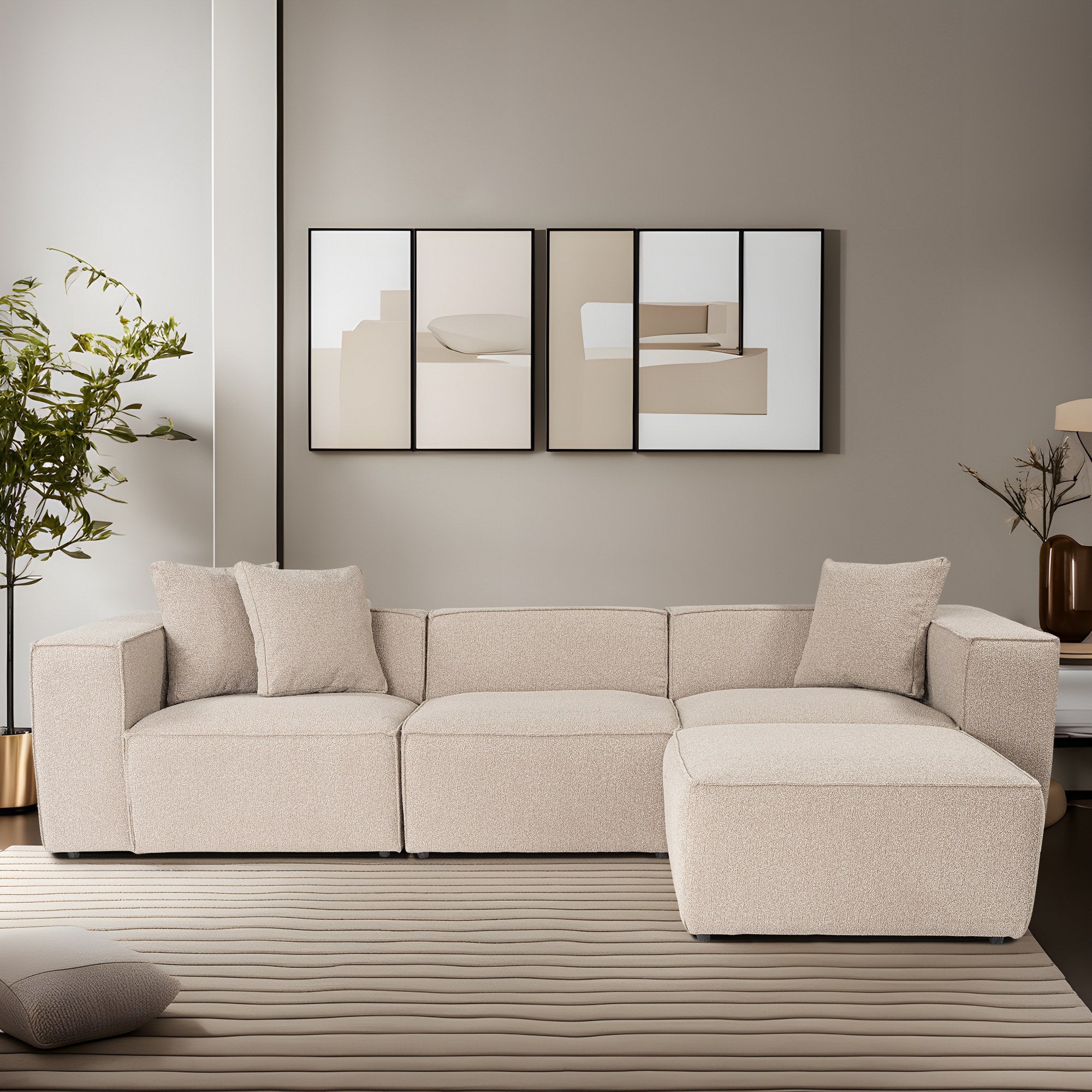 Sofá de canto elegante, cor pêssego, 303 x 193 x 65 cm | Estrutura 100% madeira de carpa, tecido 100% linho, espuma 32 DNS, inclui 2 almofadas | Assentos elegantes e confortáveis
