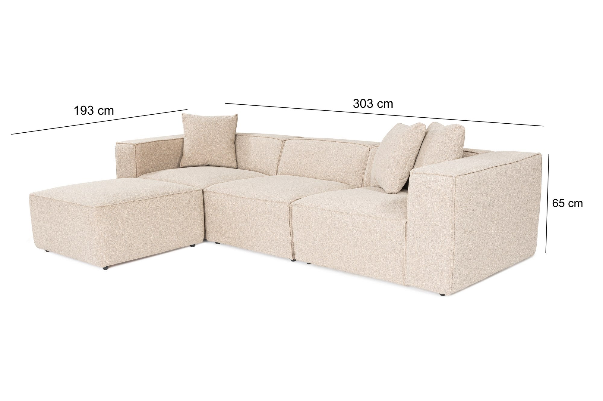 Sofá de canto elegante, cor pêssego, 303 x 193 x 65 cm | Estrutura 100% madeira de carpa, tecido 100% linho, espuma 32 DNS, inclui 2 almofadas | Assentos elegantes e confortáveis