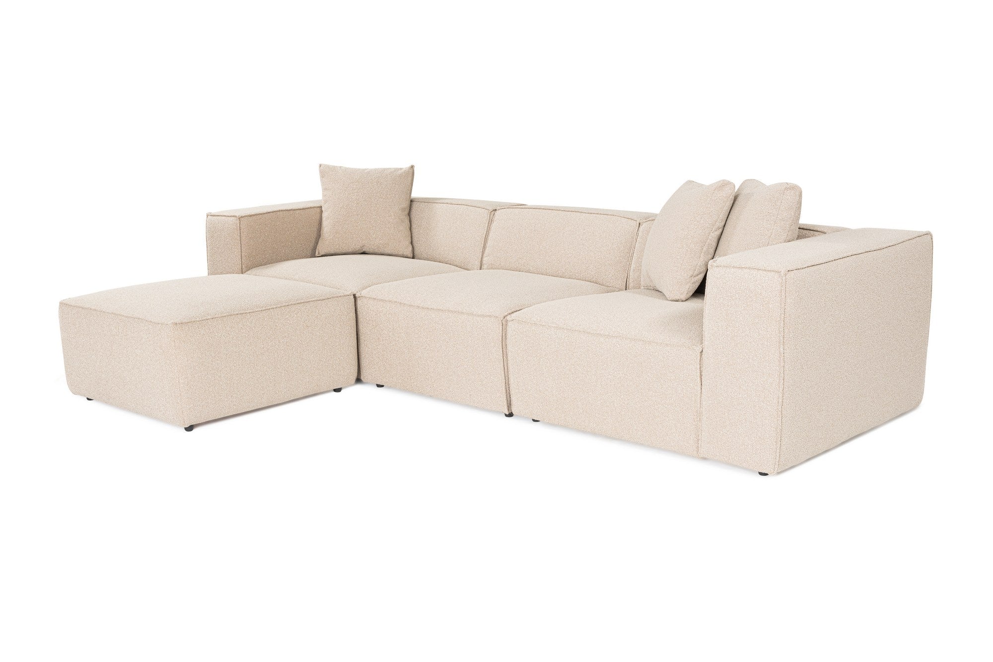 Sofá de canto elegante, cor pêssego, 303 x 193 x 65 cm | Estrutura 100% madeira de carpa, tecido 100% linho, espuma 32 DNS, inclui 2 almofadas | Assentos elegantes e confortáveis