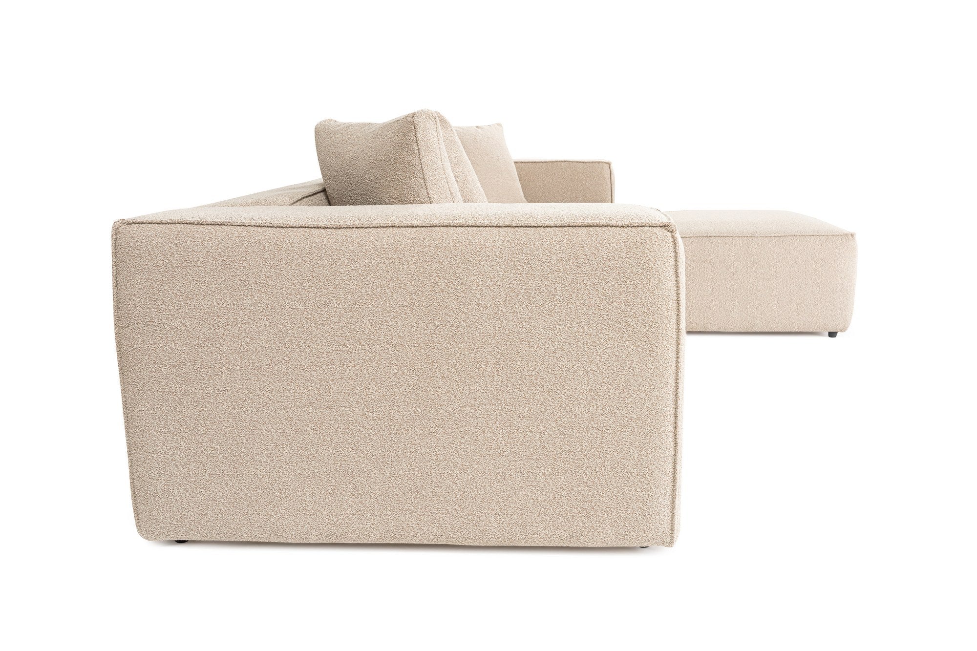 Sofá de canto elegante, cor pêssego, 303 x 193 x 65 cm | Estrutura 100% madeira de carpa, tecido 100% linho, espuma 32 DNS, inclui 2 almofadas | Assentos elegantes e confortáveis