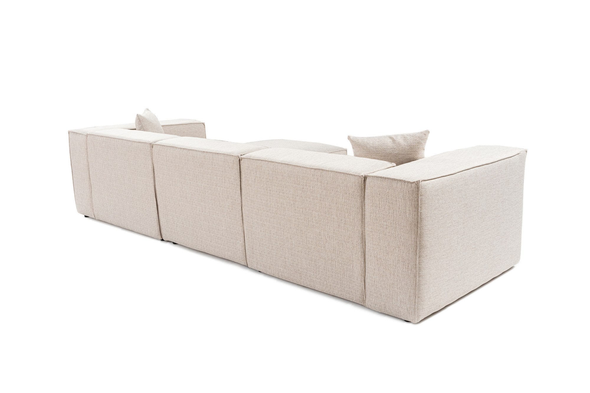 Sofá de canto elegante, marrom claro, 303 x 193 x 65 cm | Estrutura 100% madeira de carpa, tecido 100% linho, espuma 32 DNS, inclui 2 almofadas | Assentos elegantes e confortáveis