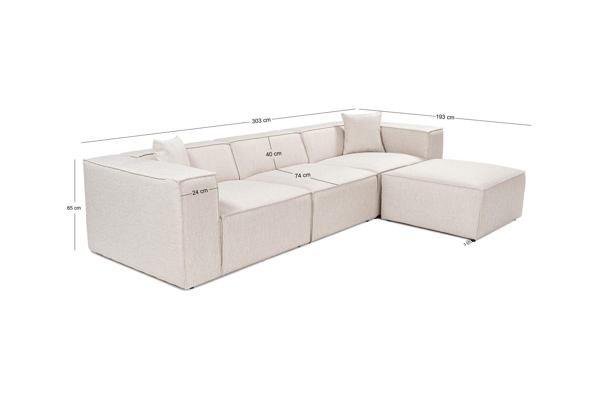 Sofá de canto elegante, marrom claro, 303 x 193 x 65 cm | Estrutura 100% madeira de carpa, tecido 100% linho, espuma 32 DNS, inclui 2 almofadas | Assentos elegantes e confortáveis