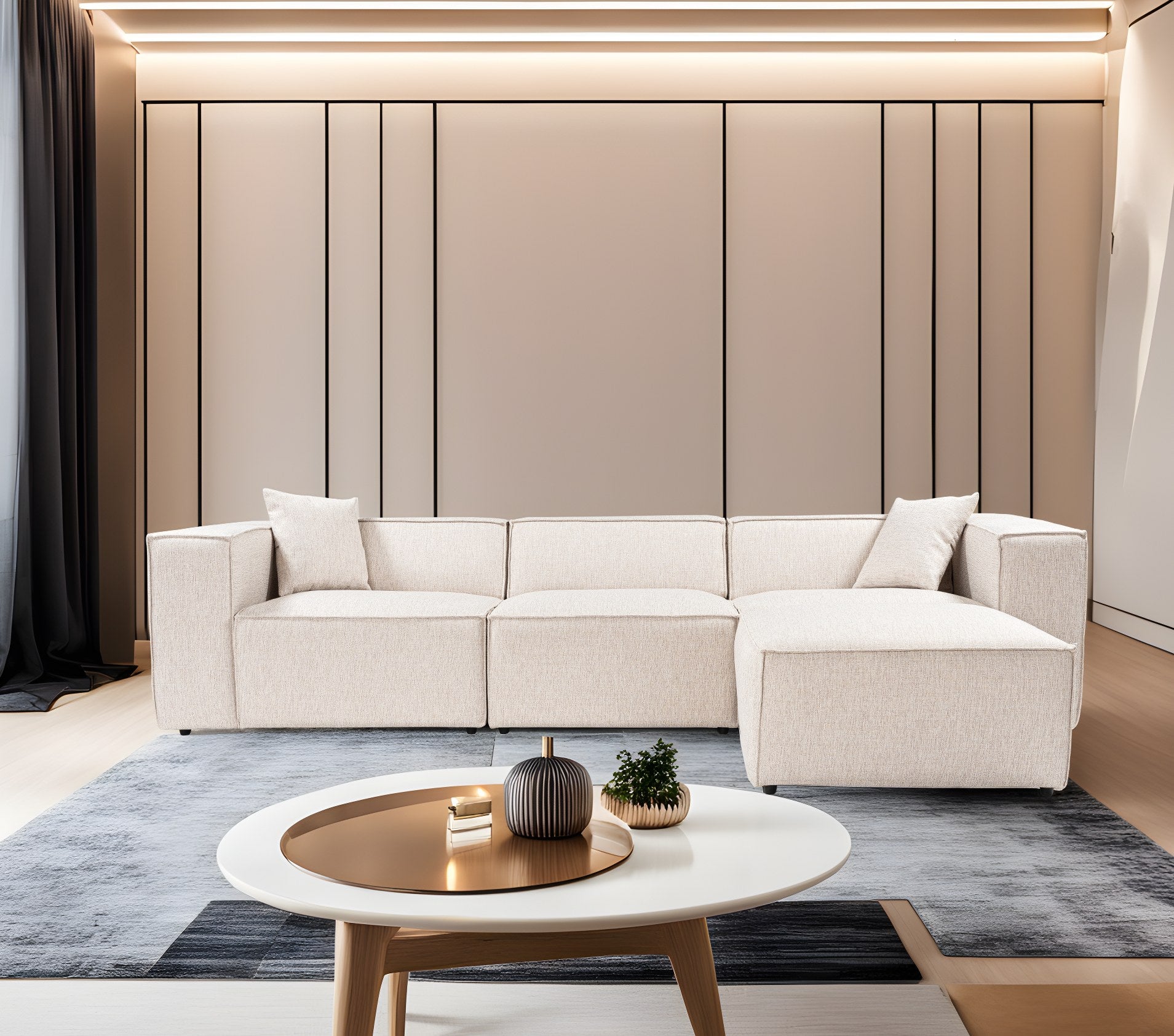 Sofá de canto elegante, marrom claro, 303 x 193 x 65 cm | Estrutura 100% madeira de carpa, tecido 100% linho, espuma 32 DNS, inclui 2 almofadas | Assentos elegantes e confortáveis