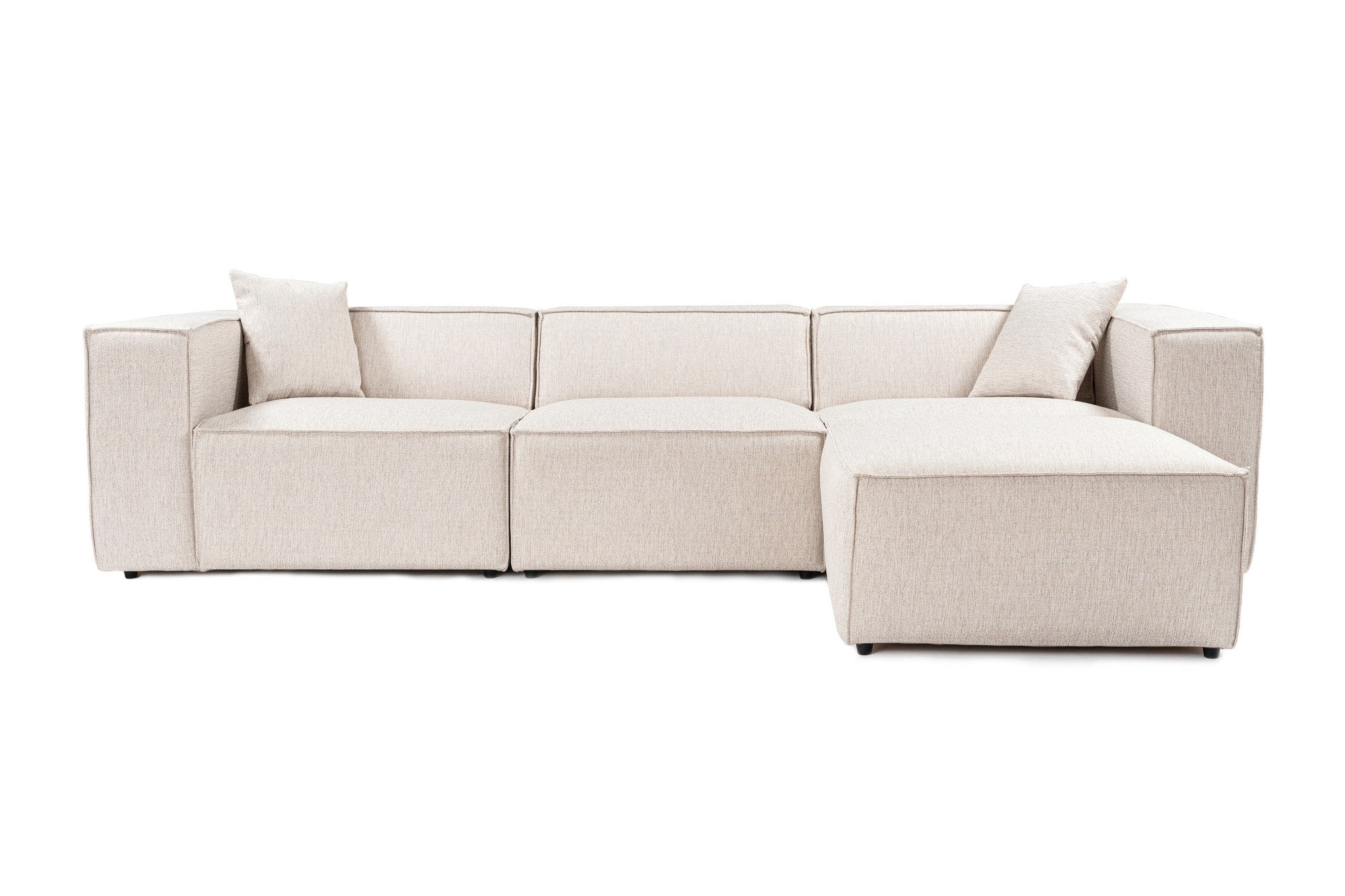 Sofá de canto elegante, marrom claro, 303 x 193 x 65 cm | Estrutura 100% madeira de carpa, tecido 100% linho, espuma 32 DNS, inclui 2 almofadas | Assentos elegantes e confortáveis