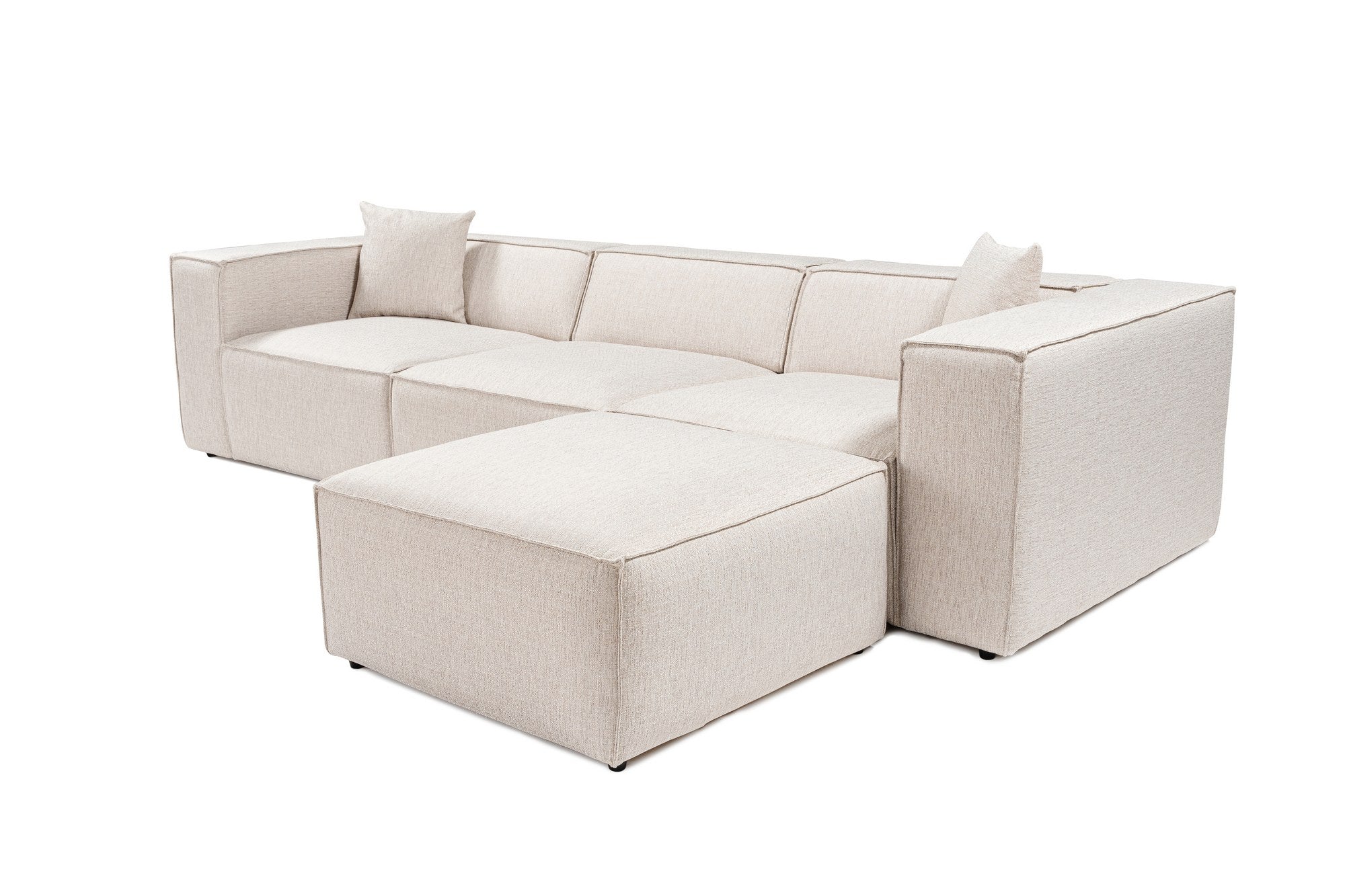 Sofá de canto elegante, marrom claro, 303 x 193 x 65 cm | Estrutura 100% madeira de carpa, tecido 100% linho, espuma 32 DNS, inclui 2 almofadas | Assentos elegantes e confortáveis
