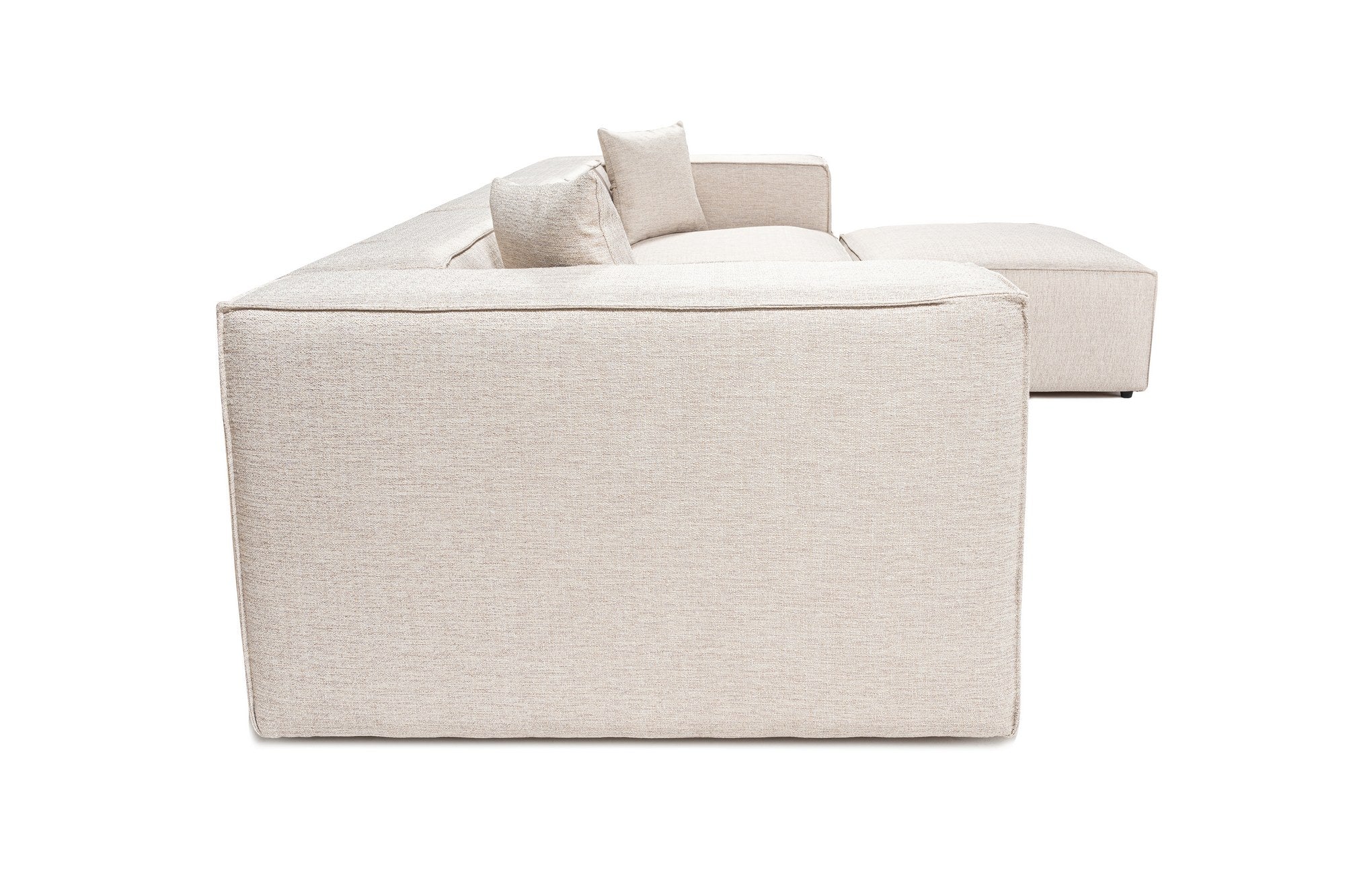 Sofá de canto elegante, marrom claro, 303 x 193 x 65 cm | Estrutura 100% madeira de carpa, tecido 100% linho, espuma 32 DNS, inclui 2 almofadas | Assentos elegantes e confortáveis