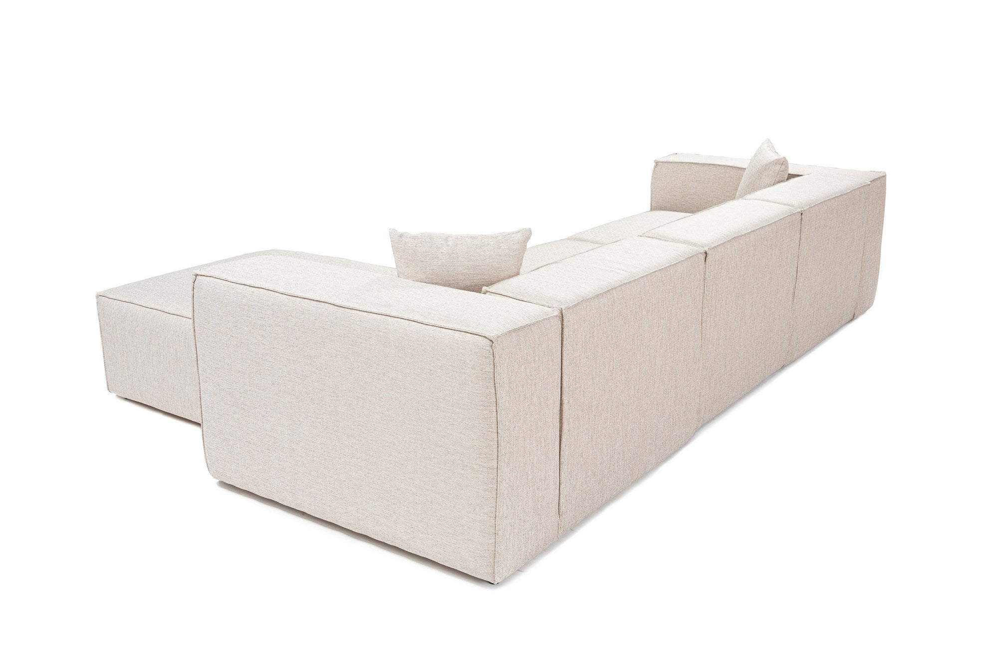 Sofá de canto elegante, marrom claro, 303 x 193 x 65 cm | Estrutura 100% madeira de carpa, tecido 100% linho, espuma 32 DNS, inclui 2 almofadas | Assentos elegantes e confortáveis