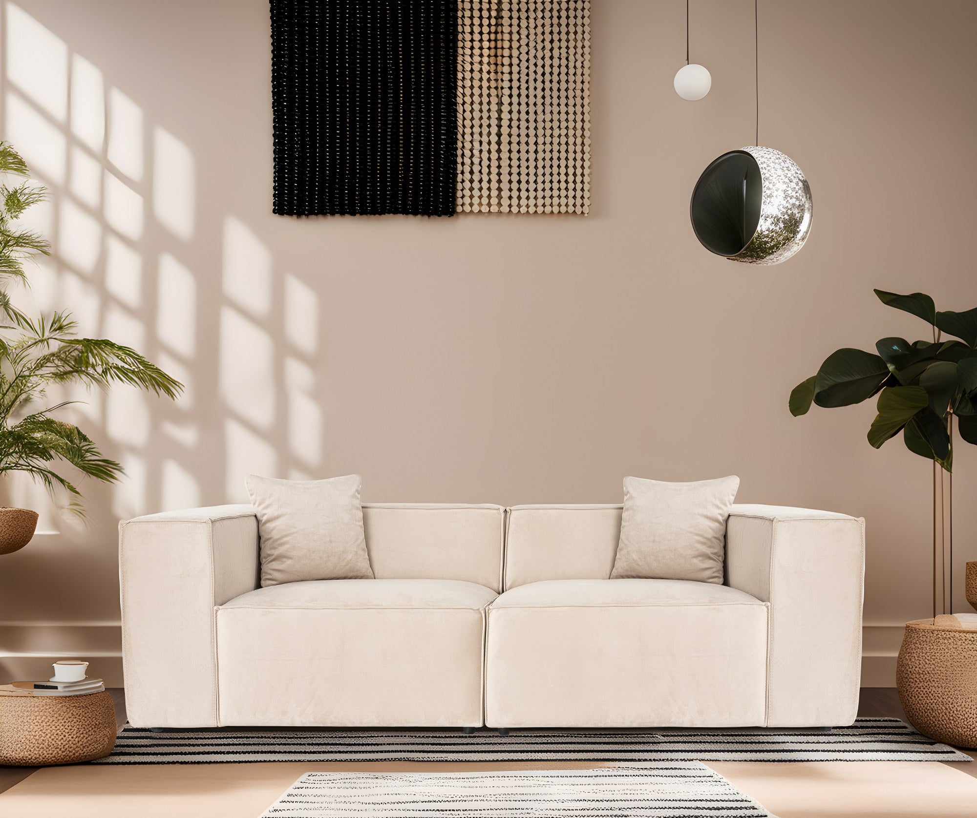 Sofá elegante de 2 lugares, linho creme, 220 x 108 x 65 cm | Estrutura 100% madeira de carpa, espuma DNS 32, pernas de plástico | Inclui 2 almofadas, perfeito para salas de estar modernas