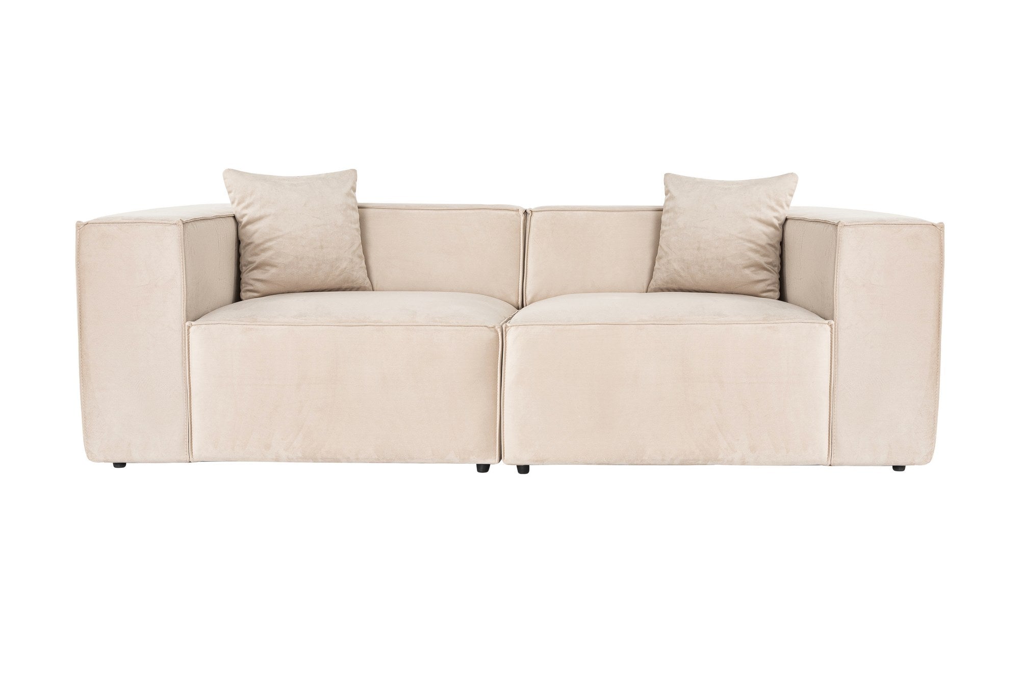 Sofá elegante de 2 lugares, linho creme, 220 x 108 x 65 cm | Estrutura 100% madeira de carpa, espuma DNS 32, pernas de plástico | Inclui 2 almofadas, perfeito para salas de estar modernas