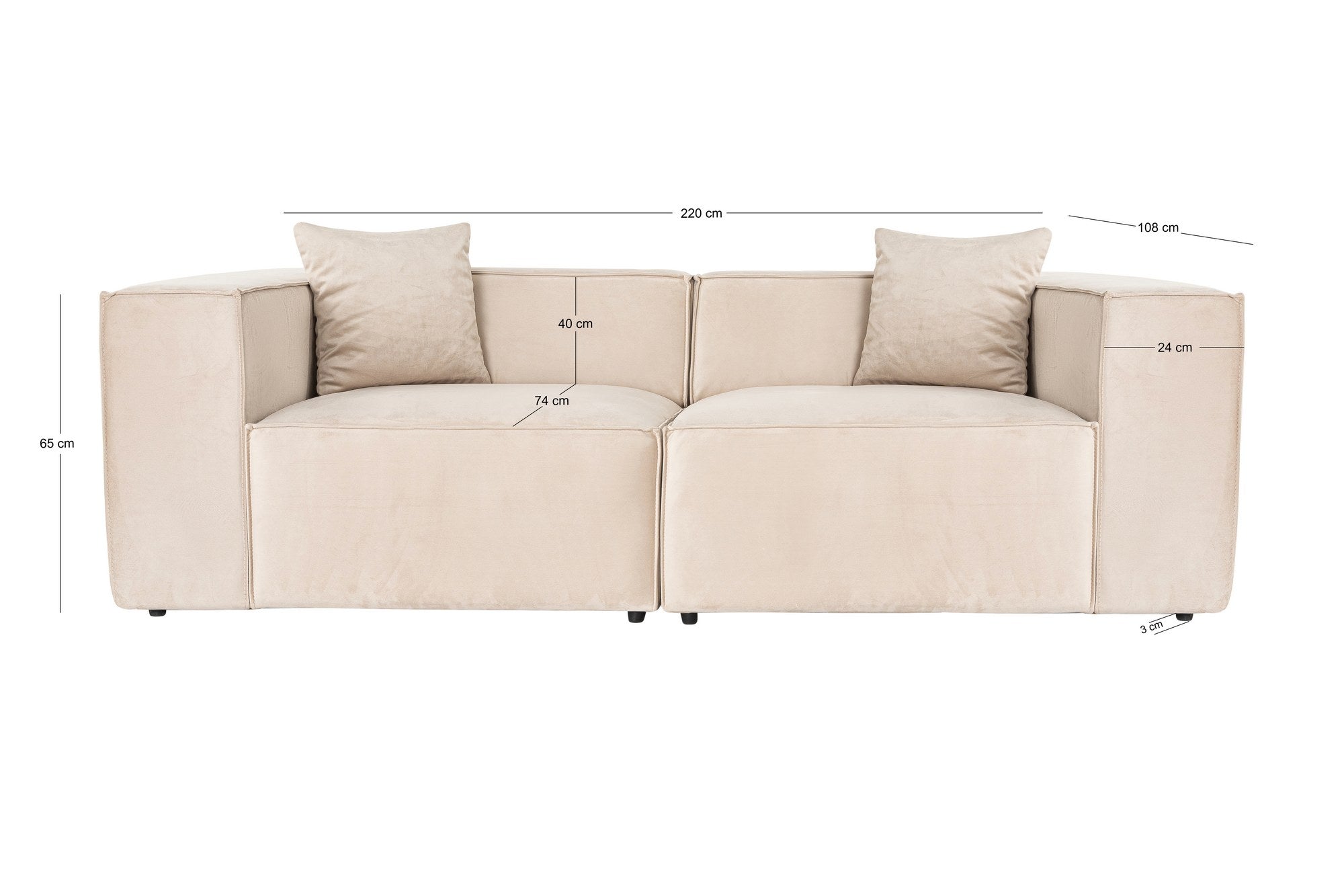Sofá elegante de 2 lugares, linho creme, 220 x 108 x 65 cm | Estrutura 100% madeira de carpa, espuma DNS 32, pernas de plástico | Inclui 2 almofadas, perfeito para salas de estar modernas
