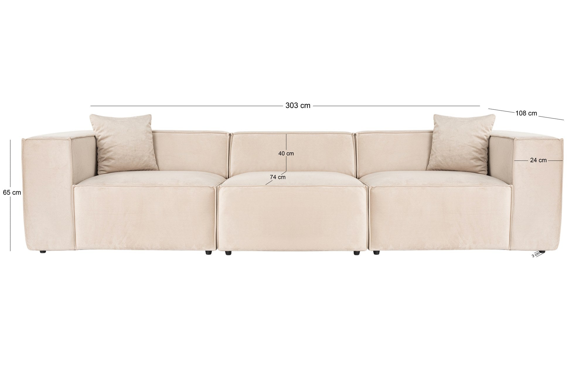 Sofá elegante de 3 lugares, linho creme, 303 x 108 x 65 cm | Estrutura 100% madeira de carpa, espuma 32 DNS, pernas de plástico, inclui 2 almofadas | Perfeito para salas de estar modernas
