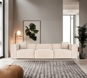 Sofá elegante de 3 lugares, linho creme, 303 x 108 x 65 cm | Estrutura 100% madeira de carpa, espuma 32 DNS, pernas de plástico, inclui 2 almofadas | Perfeito para salas de estar modernas