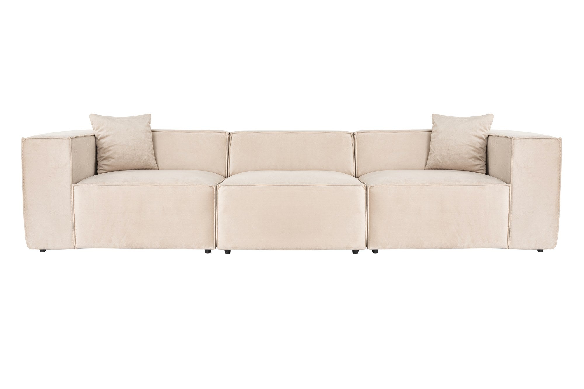 Sofá elegante de 3 lugares, linho creme, 303 x 108 x 65 cm | Estrutura 100% madeira de carpa, espuma 32 DNS, pernas de plástico, inclui 2 almofadas | Perfeito para salas de estar modernas