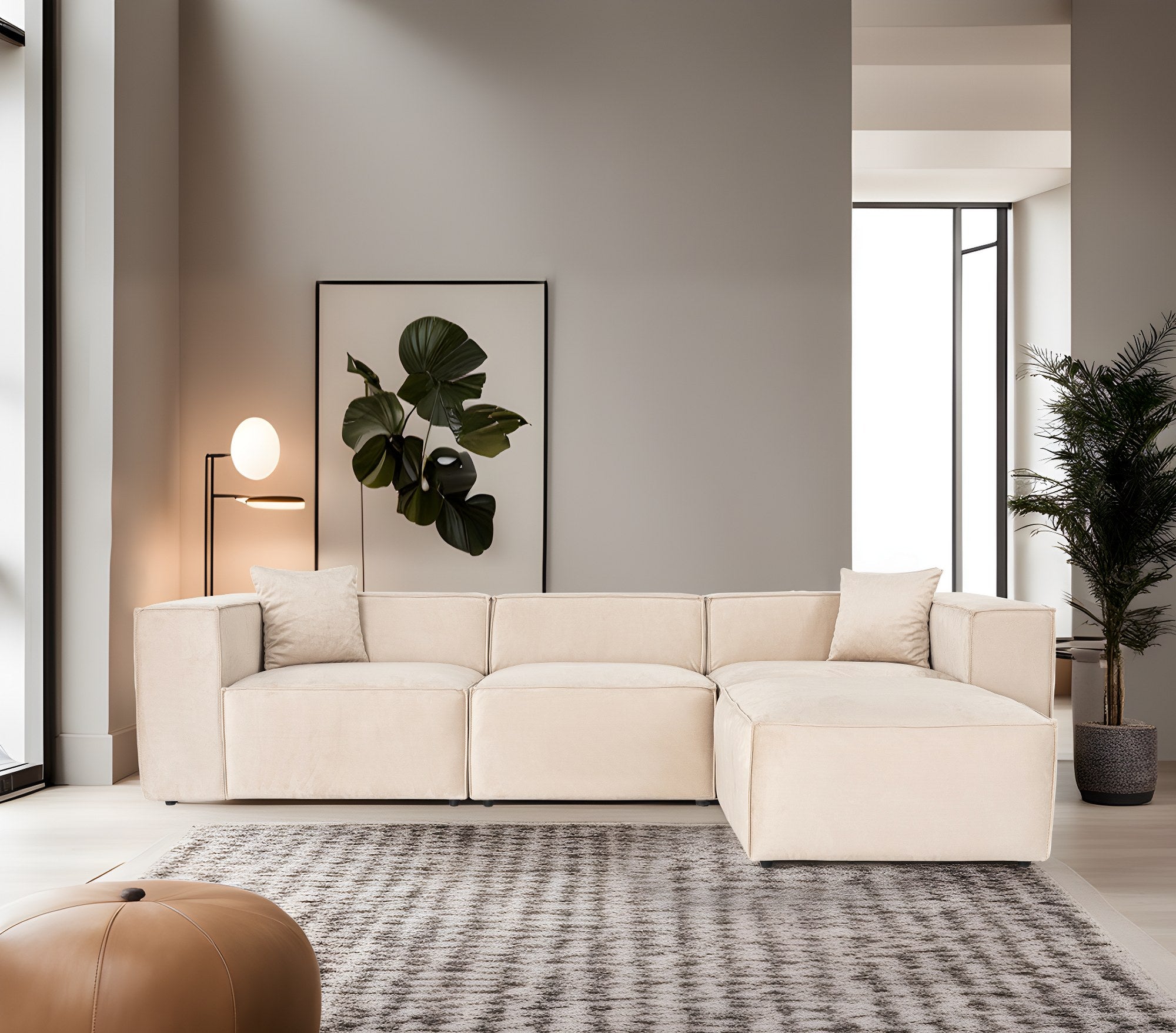 Sofá de canto elegante, creme, 303 x 193 x 65 cm | Estrutura 100% madeira de carpa, tecido 100% linho, espuma 32 DNS, inclui 2 almofadas | Assentos elegantes e confortáveis