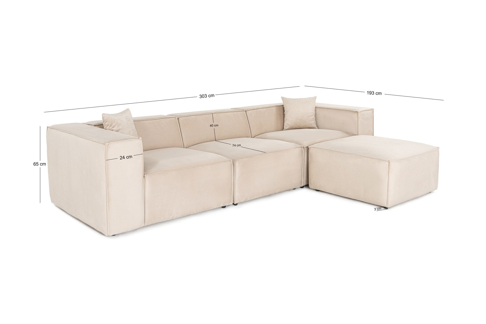 Sofá de canto elegante, creme, 303 x 193 x 65 cm | Estrutura 100% madeira de carpa, tecido 100% linho, espuma 32 DNS, inclui 2 almofadas | Assentos elegantes e confortáveis