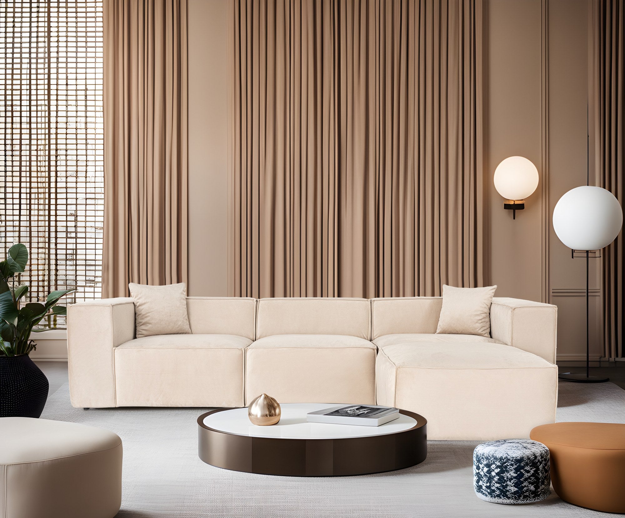Sofá de canto elegante, creme, 303 x 193 x 65 cm | Estrutura 100% madeira de carpa, tecido 100% linho, espuma 32 DNS, inclui 2 almofadas | Assentos elegantes e confortáveis