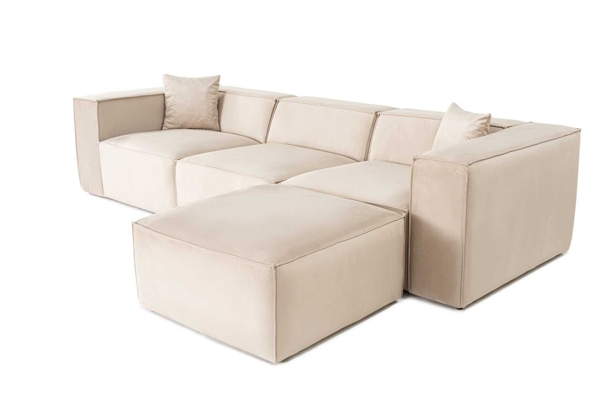 Sofá de canto elegante, creme, 303 x 193 x 65 cm | Estrutura 100% madeira de carpa, tecido 100% linho, espuma 32 DNS, inclui 2 almofadas | Assentos elegantes e confortáveis