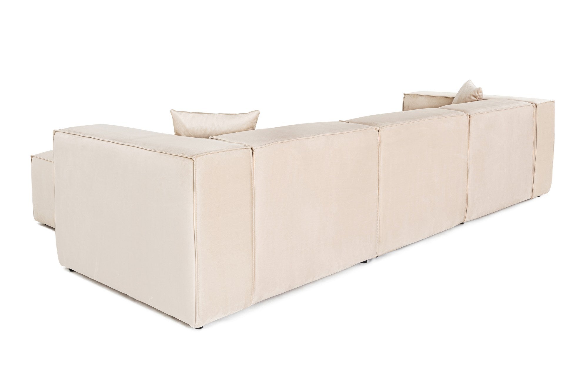 Sofá de canto elegante, creme, 303 x 193 x 65 cm | Estrutura 100% madeira de carpa, tecido 100% linho, espuma 32 DNS, inclui 2 almofadas | Assentos elegantes e confortáveis