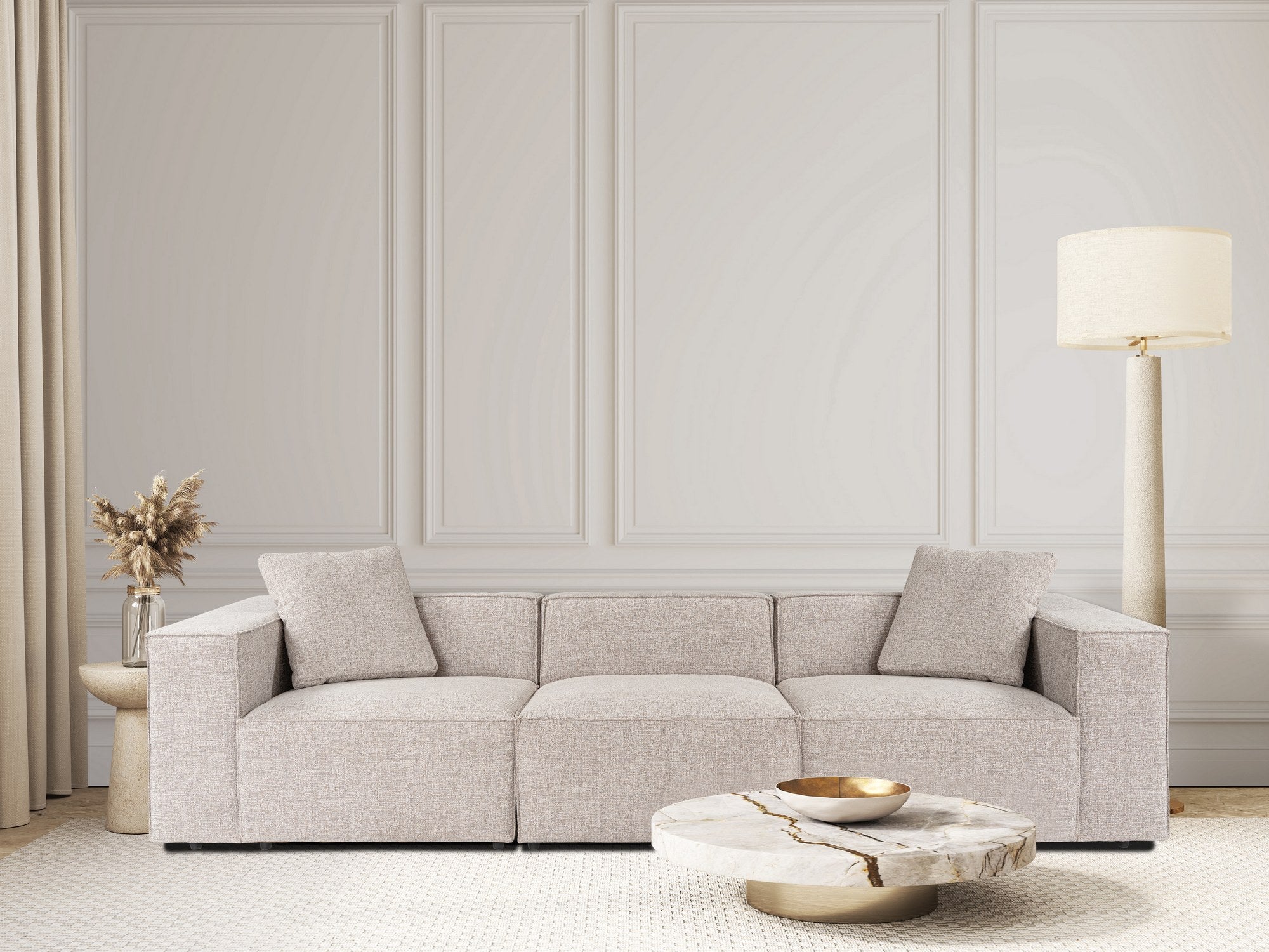 Sofá elegante de 3 lugares, cor mocha, 303 x 108 x 65 cm | Estrutura 100% madeira de carpa, tecido 100% linho, espuma 32 DNS, inclui 2 almofadas | Perfeito para salas de estar modernas