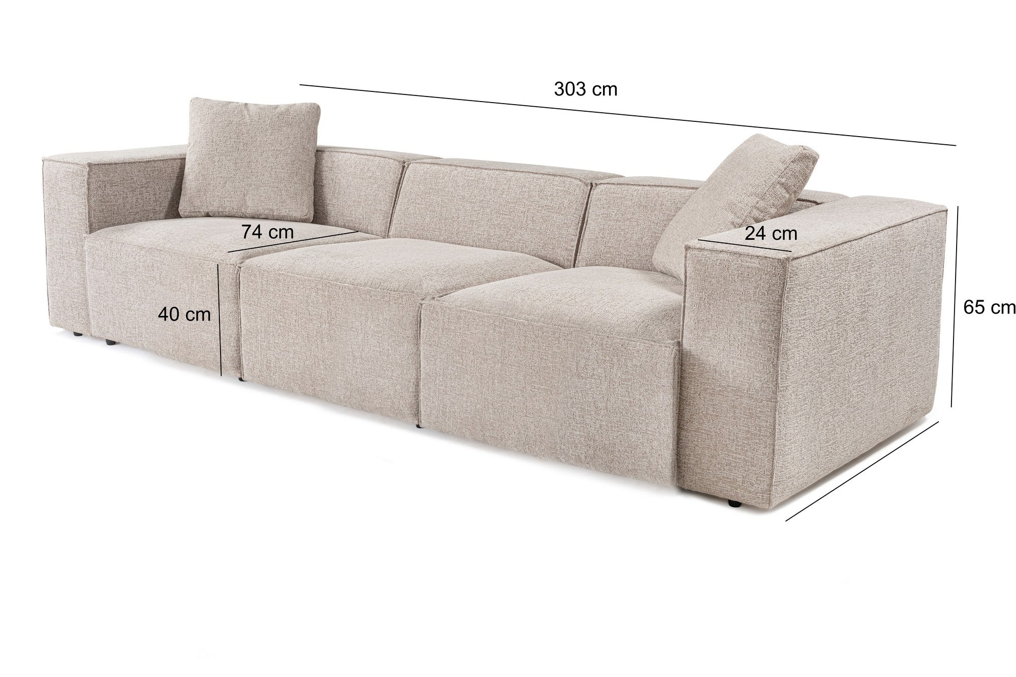 Sofá elegante de 3 lugares, cor mocha, 303 x 108 x 65 cm | Estrutura 100% madeira de carpa, tecido 100% linho, espuma 32 DNS, inclui 2 almofadas | Perfeito para salas de estar modernas