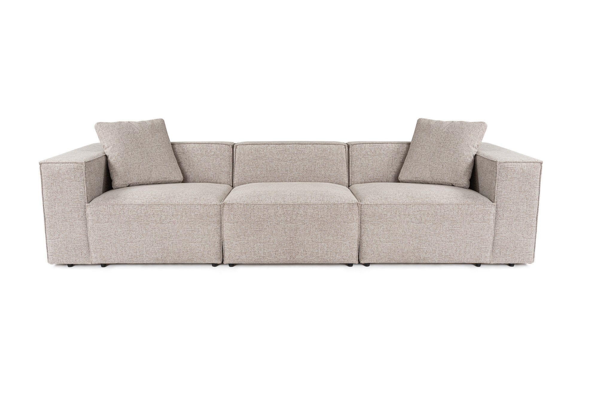 Sofá elegante de 3 lugares, cor mocha, 303 x 108 x 65 cm | Estrutura 100% madeira de carpa, tecido 100% linho, espuma 32 DNS, inclui 2 almofadas | Perfeito para salas de estar modernas