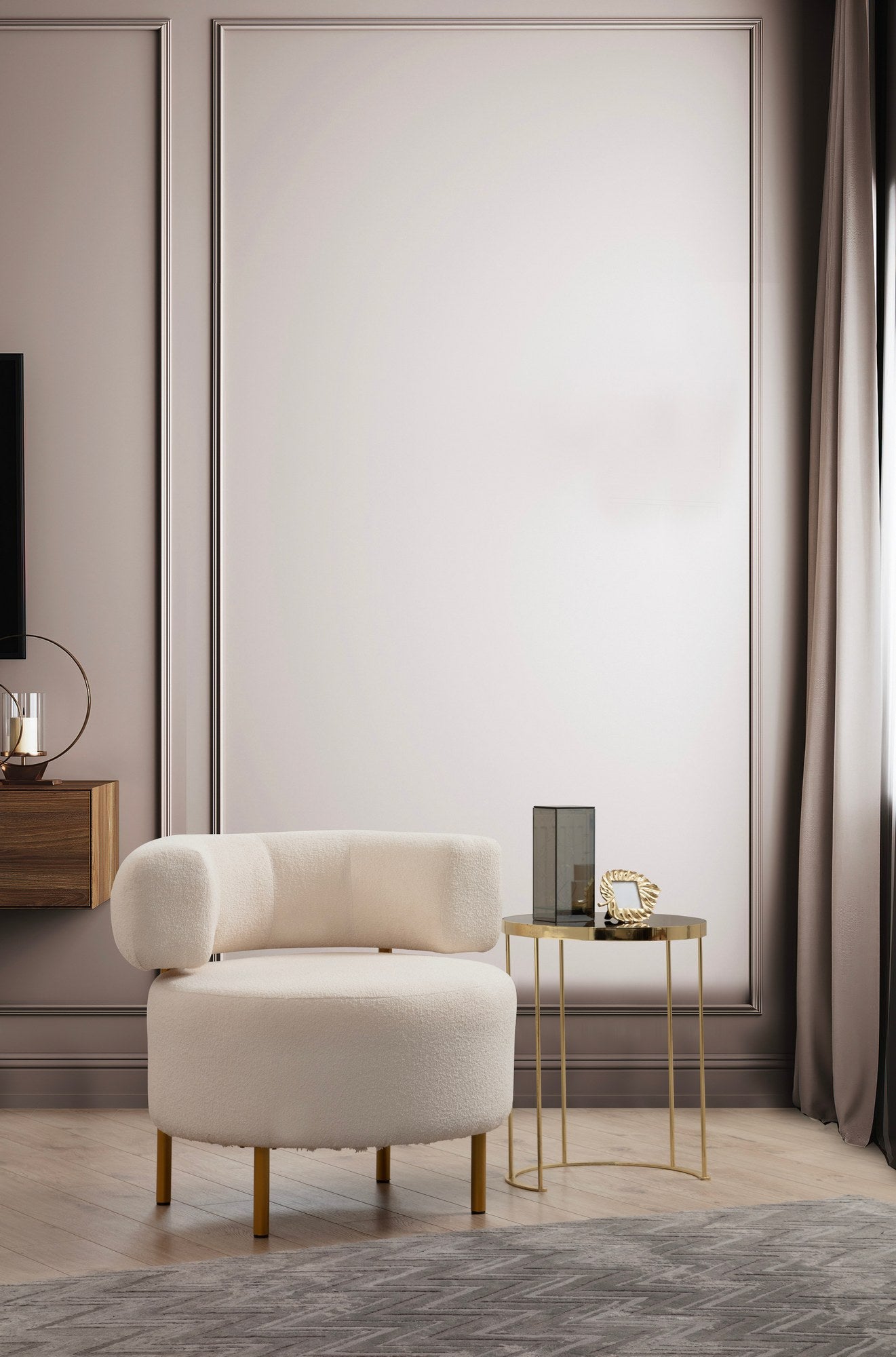 Poltrona Elegante, Branca, 76 x 85 x 80 cm | Estrutura em madeira de faia e aglomerado, 100% poliéster, pernas em metal pintado de dourado | Almofada de espuma macia, tecido lavável a seco