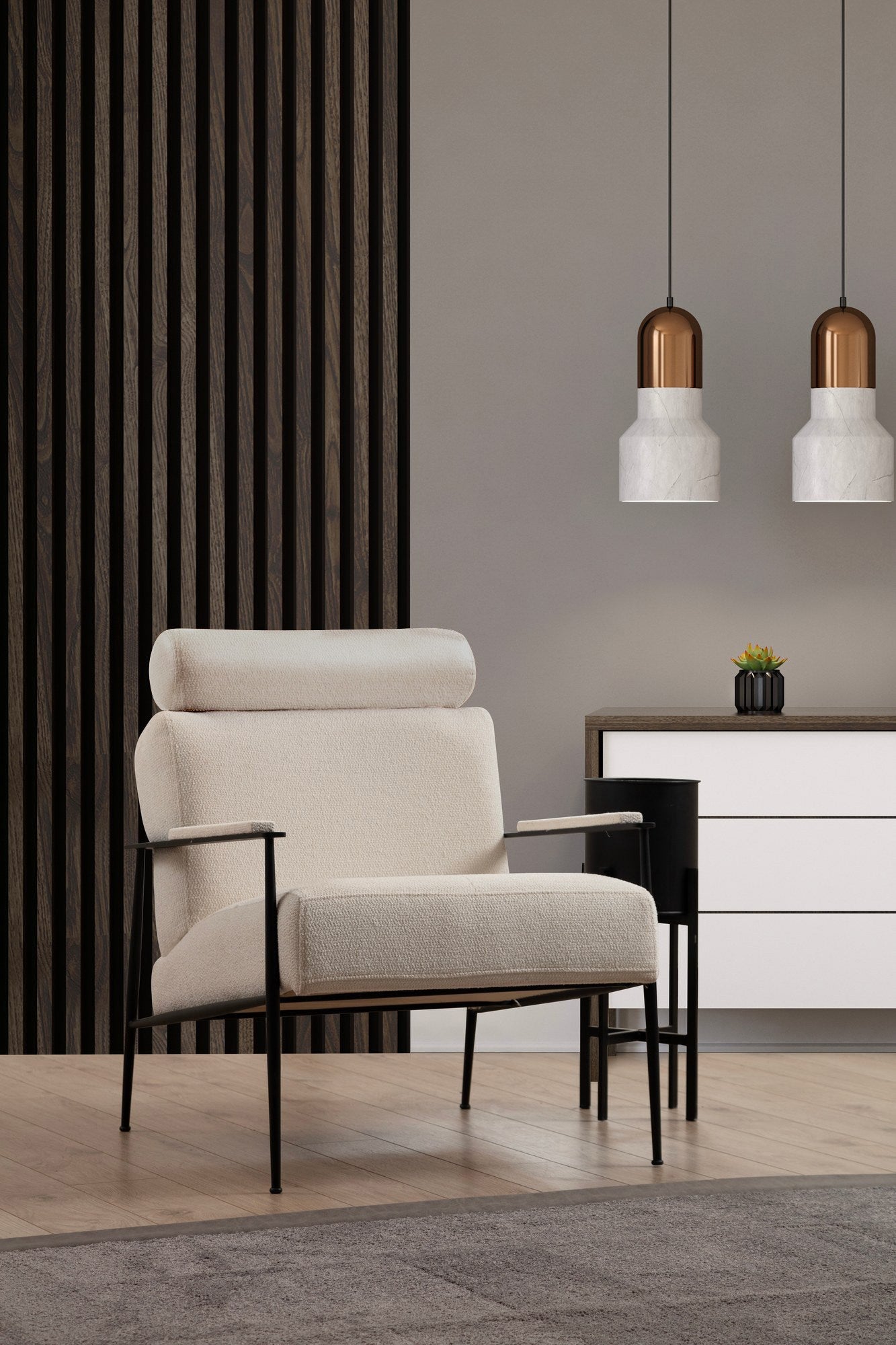 Poltrona Elegante, Estrutura em Madeira de Faia e Aglomerado, 75x80x90 cm, 100% Poliéster, Espuma Cinza Macia, Pernas de Metal Preto Fosco, Cores Branco e Camelo