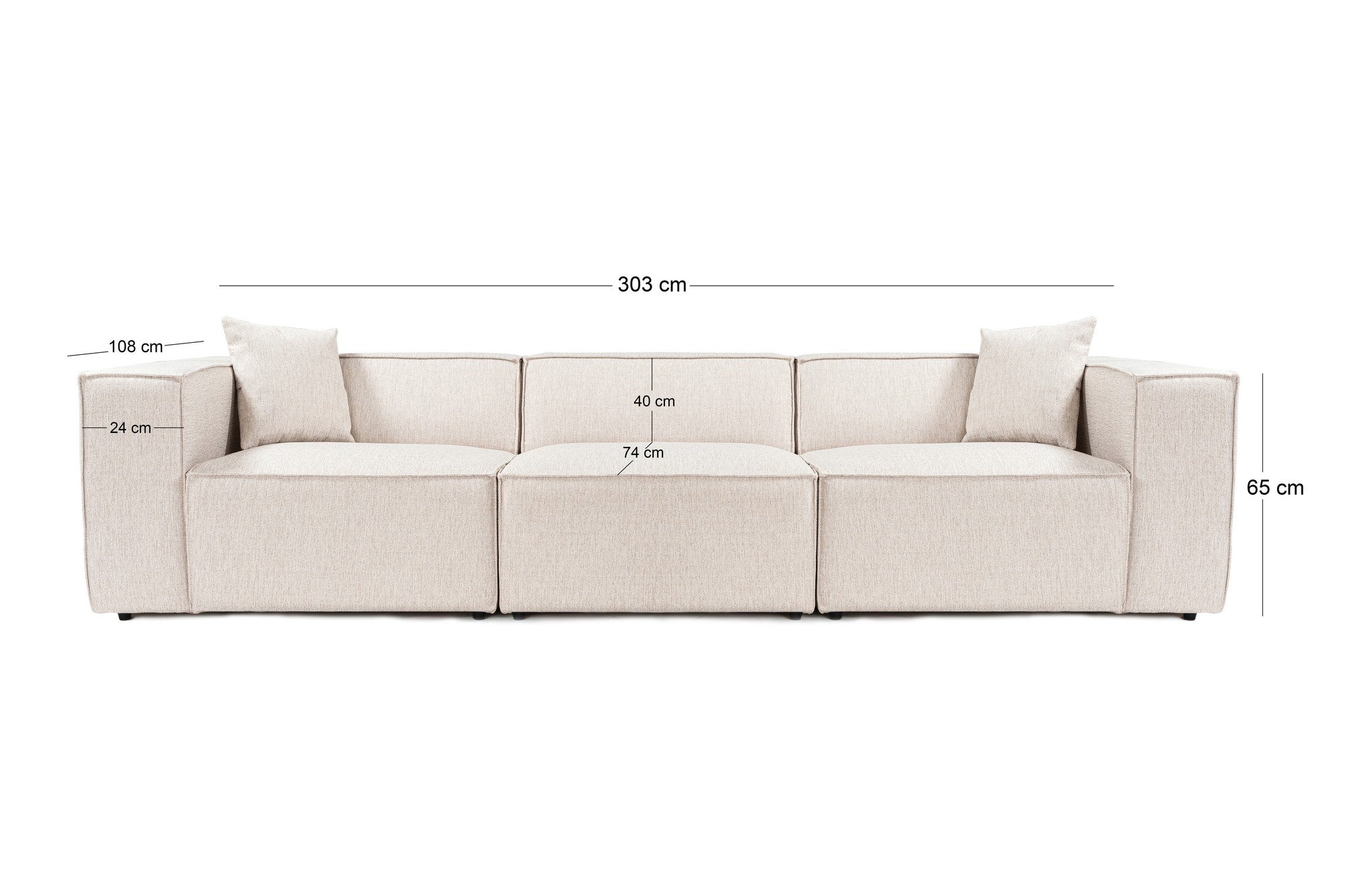 Sofá elegante de 3 lugares, marrom claro, 303 x 108 x 65 cm | Estrutura 100% madeira de carpa, tecido 100% linho, espuma 32 DNS, inclui 2 almofadas | Perfeito para salas de estar modernas