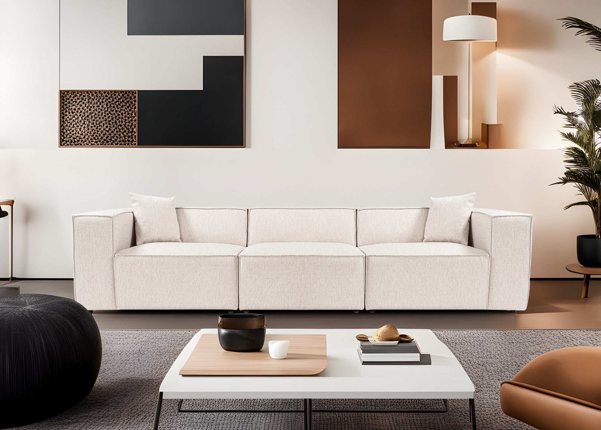 Sofá elegante de 3 lugares, marrom claro, 303 x 108 x 65 cm | Estrutura 100% madeira de carpa, tecido 100% linho, espuma 32 DNS, inclui 2 almofadas | Perfeito para salas de estar modernas