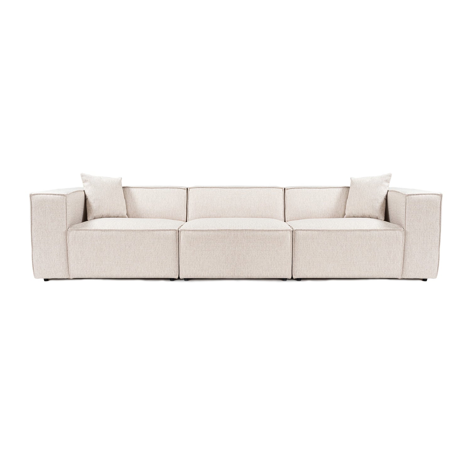 Sofá elegante de 3 lugares, marrom claro, 303 x 108 x 65 cm | Estrutura 100% madeira de carpa, tecido 100% linho, espuma 32 DNS, inclui 2 almofadas | Perfeito para salas de estar modernas