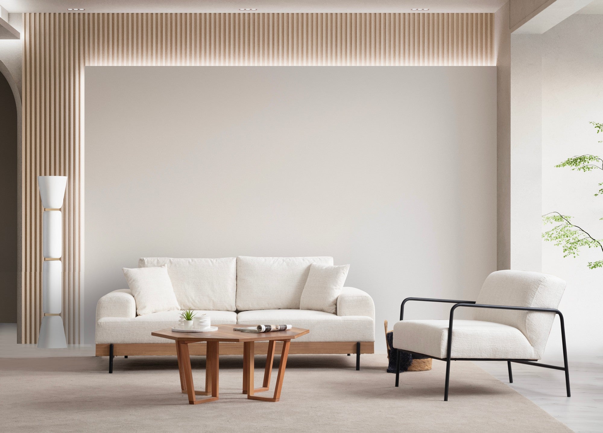 Sofá elegante de 3 lugares, branco, 220 cm | Estrutura em madeira de faia e aglomerado, 100% poliéster, espuma macia e assentos de mola | Pernas de metal pretas, tecido lavável a seco