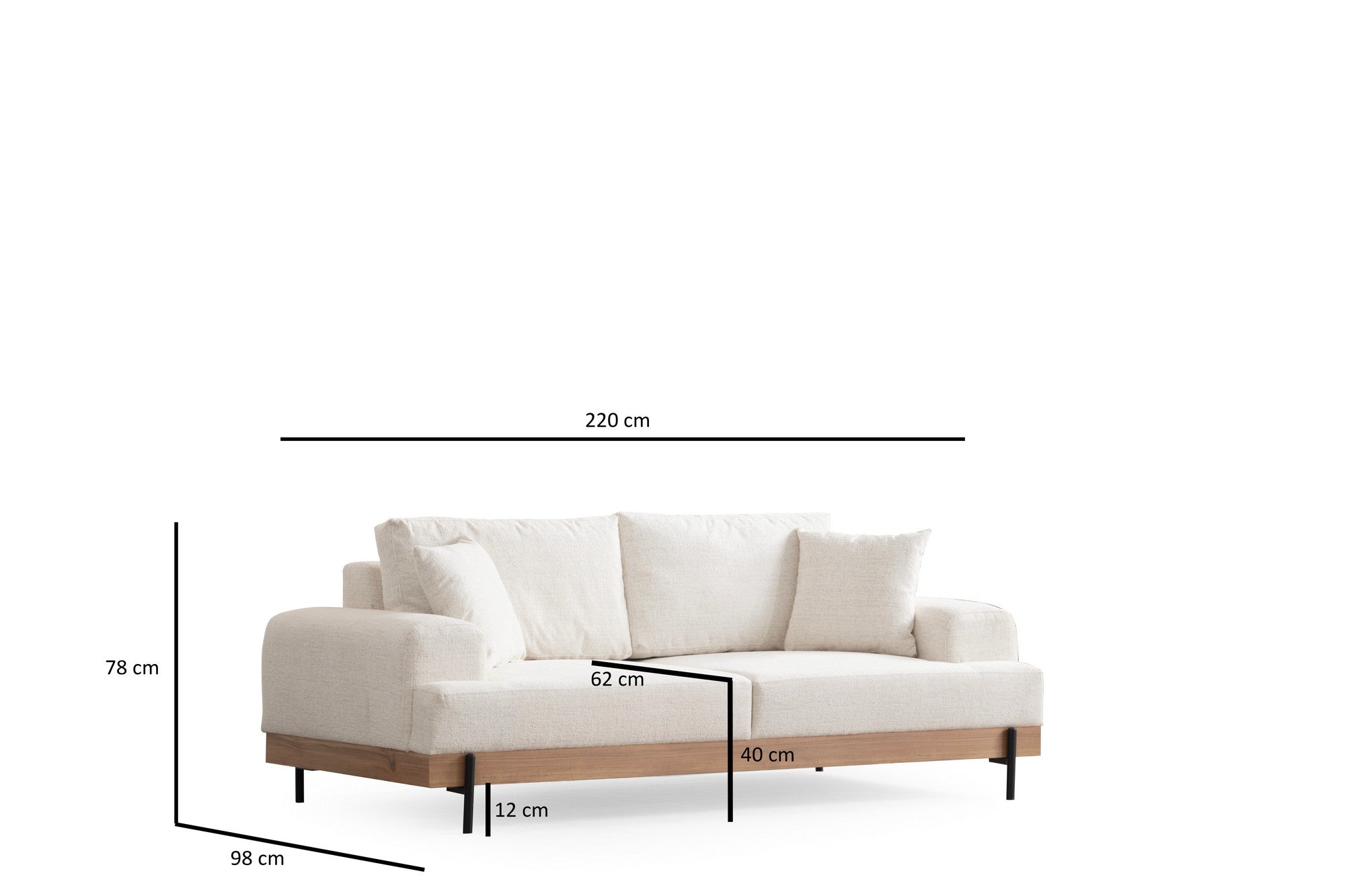 Sofá elegante de 3 lugares, branco, 220 cm | Estrutura em madeira de faia e aglomerado, 100% poliéster, espuma macia e assentos de mola | Pernas de metal pretas, tecido lavável a seco