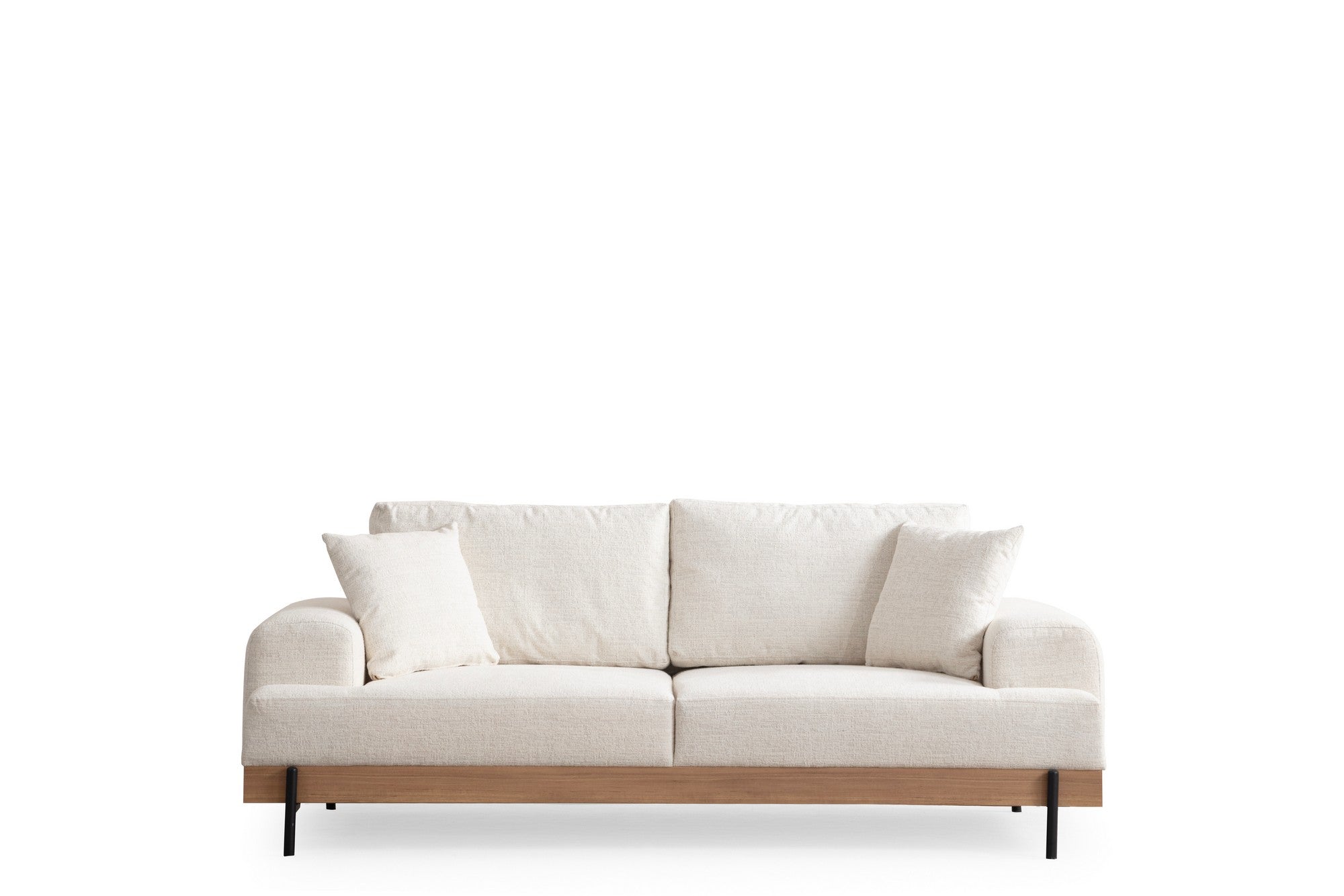 Sofá elegante de 3 lugares, branco, 220 cm | Estrutura em madeira de faia e aglomerado, 100% poliéster, espuma macia e assentos de mola | Pernas de metal pretas, tecido lavável a seco