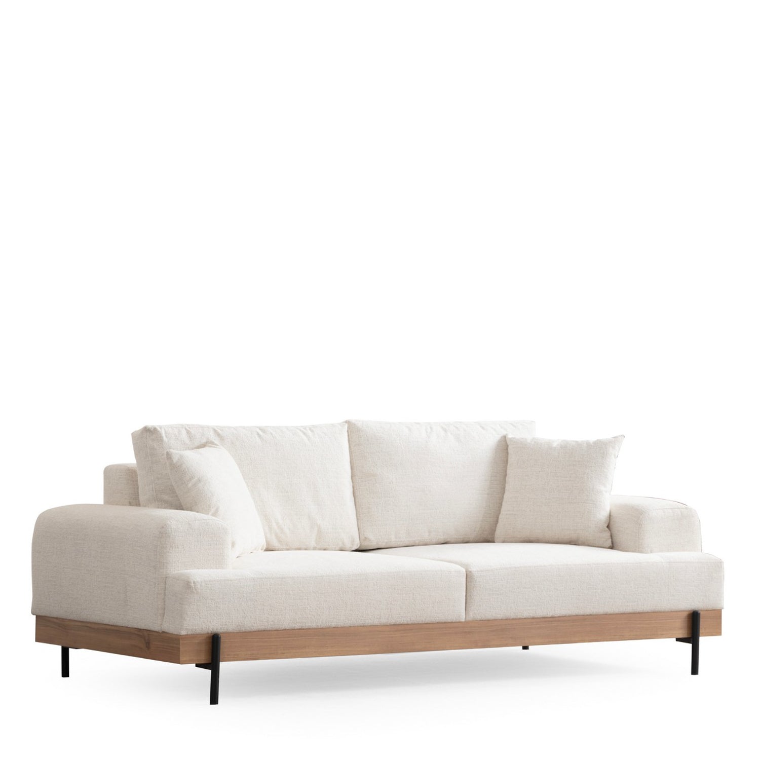 Sofá elegante de 3 lugares, branco, 220 cm | Estrutura em madeira de faia e aglomerado, 100% poliéster, espuma macia e assentos de mola | Pernas de metal pretas, tecido lavável a seco