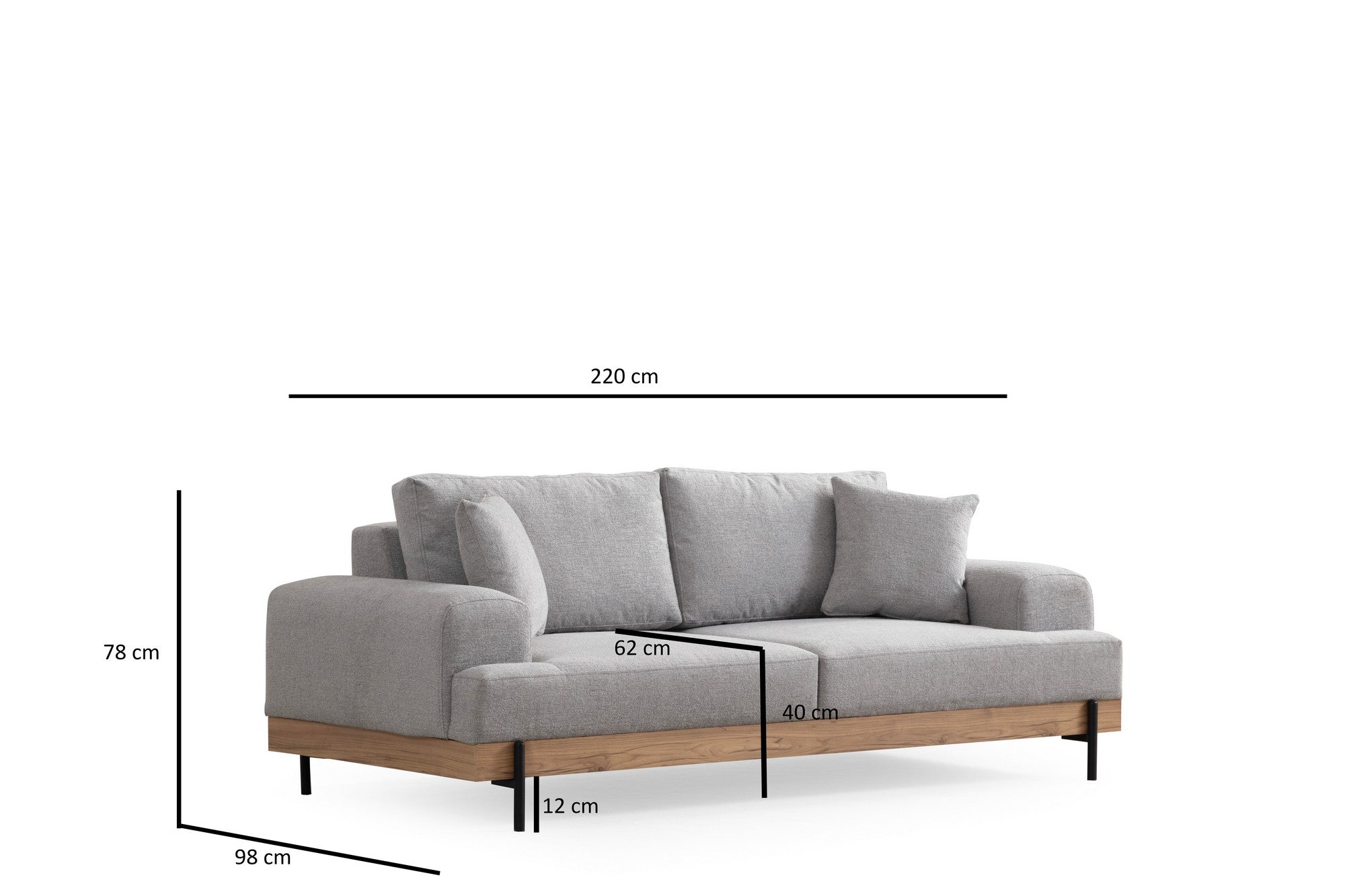 Sofá elegante de 3 lugares, tecido cinza, 220 x 98 x 78 cm | Estrutura em madeira de faia e aglomerado, pernas de metal | Espuma macia e almofadas portáteis, perfeito para salas de estar modernas