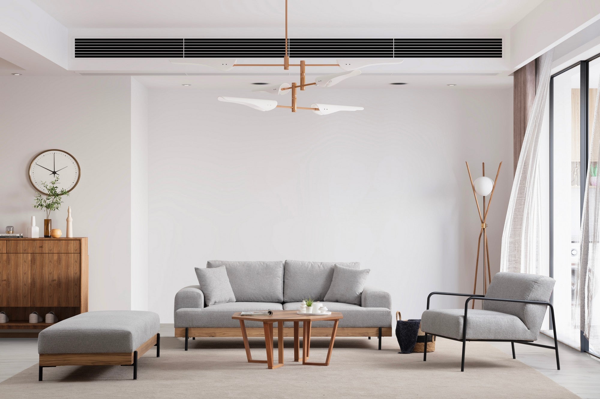 Sofá elegante de 3 lugares, tecido cinza, 220 x 98 x 78 cm | Estrutura em madeira de faia e aglomerado, pernas de metal | Espuma macia e almofadas portáteis, perfeito para salas de estar modernas