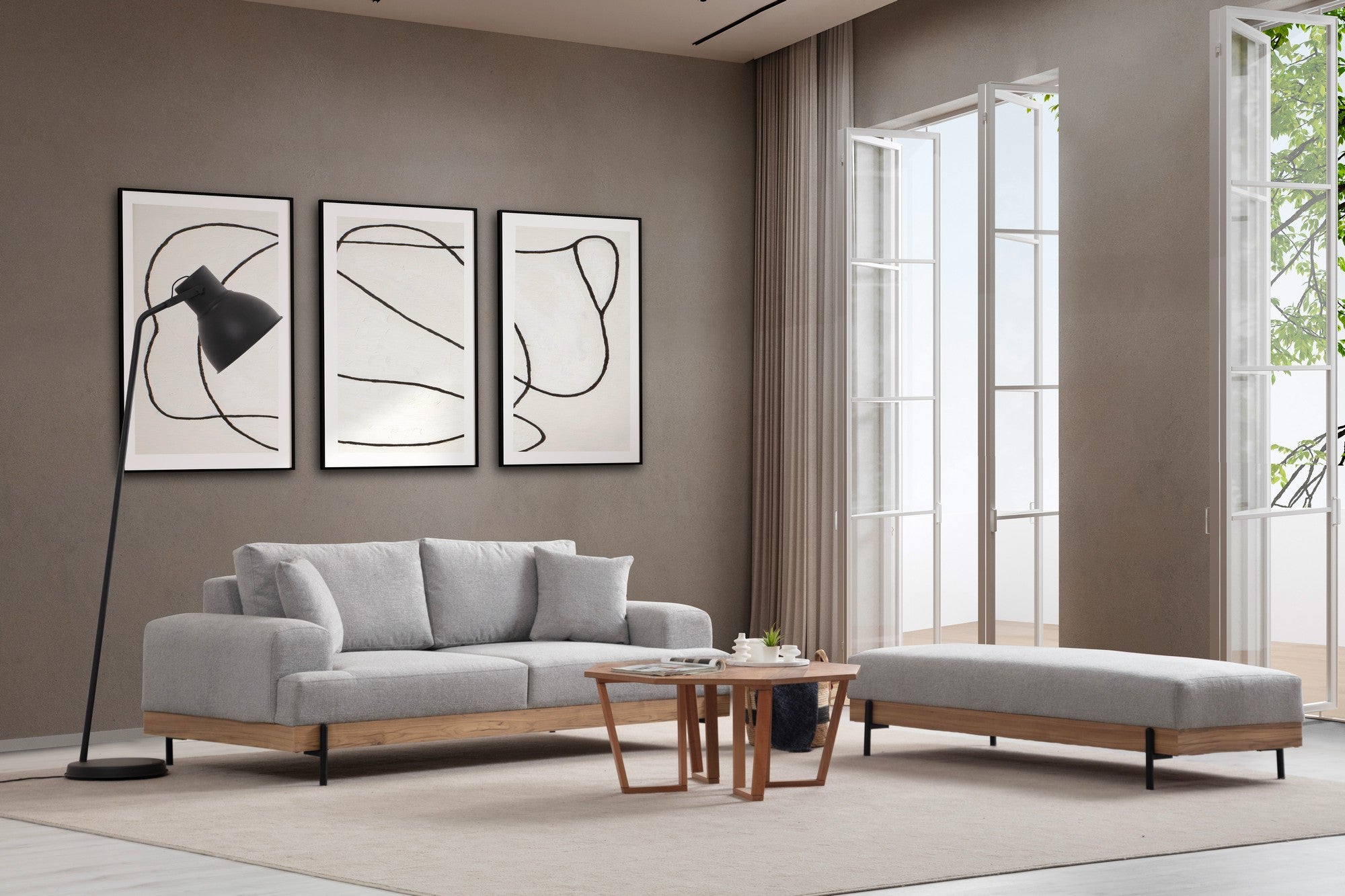 Sofá elegante de 3 lugares, tecido cinza, 220 x 98 x 78 cm | Estrutura em madeira de faia e aglomerado, pernas de metal | Espuma macia e almofadas portáteis, perfeito para salas de estar modernas