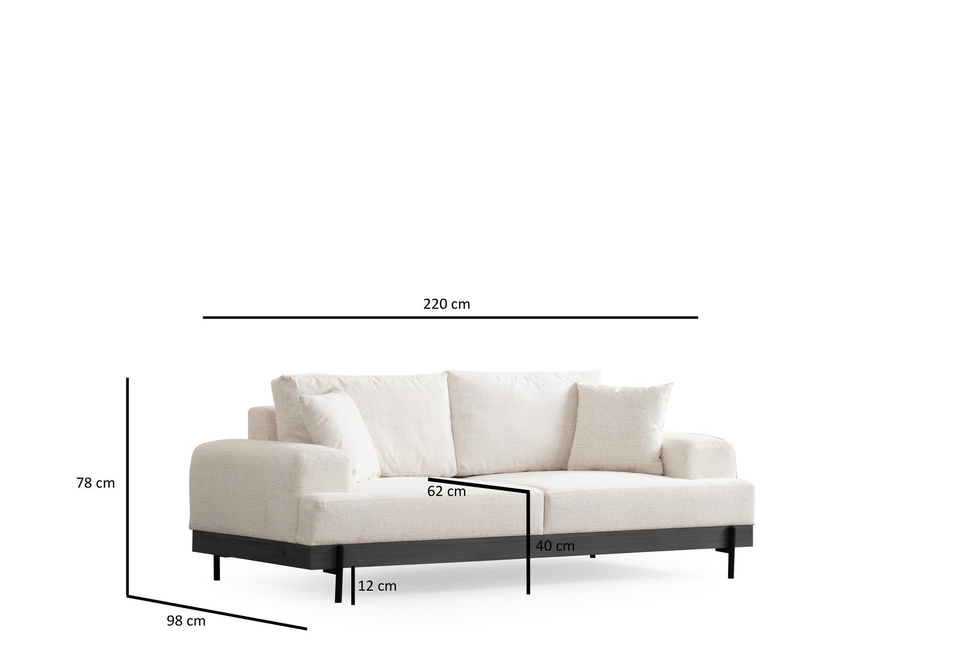 Sofá elegante de 3 lugares, branco, 220 cm | Estrutura em madeira de faia e aglomerado, 100% poliéster, espuma macia e assentos de mola | Pernas de metal pretas, tecido lavável a seco