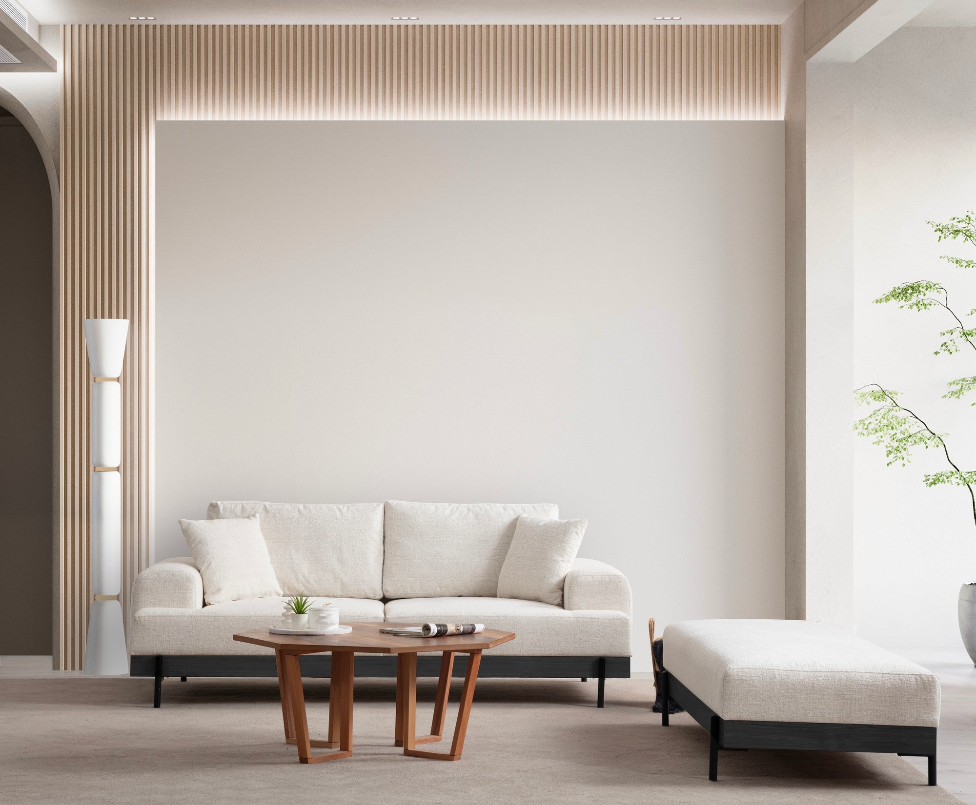 Sofá elegante de 3 lugares, branco, 220 cm | Estrutura em madeira de faia e aglomerado, 100% poliéster, espuma macia e assentos de mola | Pernas de metal pretas, tecido lavável a seco
