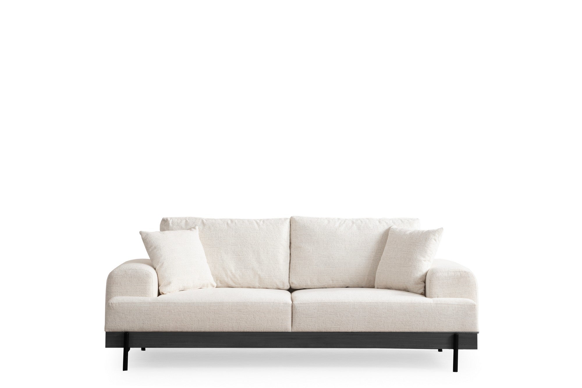 Sofá elegante de 3 lugares, branco, 220 cm | Estrutura em madeira de faia e aglomerado, 100% poliéster, espuma macia e assentos de mola | Pernas de metal pretas, tecido lavável a seco