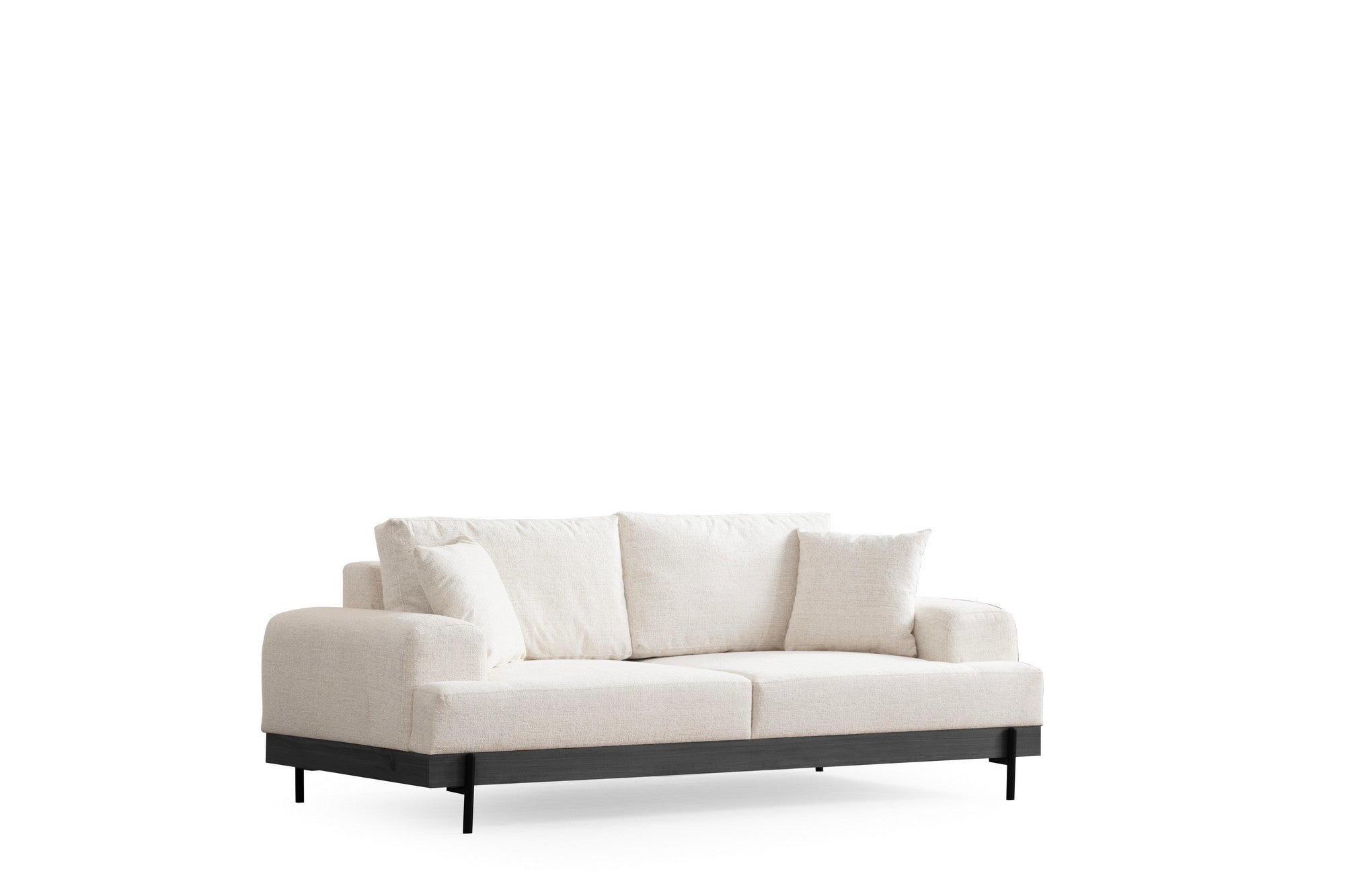 Sofá elegante de 3 lugares, branco, 220 cm | Estrutura em madeira de faia e aglomerado, 100% poliéster, espuma macia e assentos de mola | Pernas de metal pretas, tecido lavável a seco