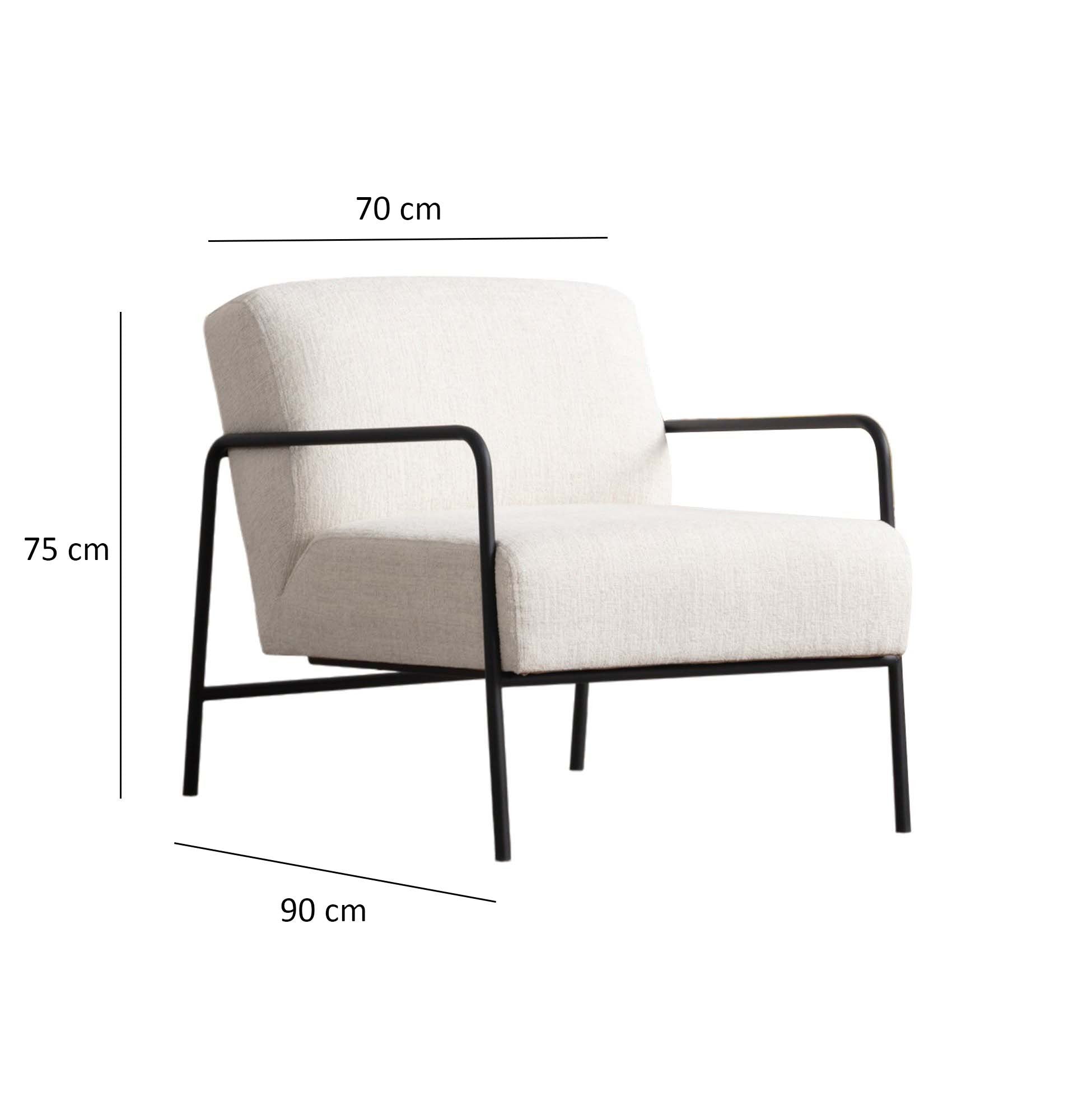 Poltrona Elegante, Branca, 70 x 90 x 75 cm | Estrutura em madeira de faia e aglomerado, 100% poliéster, almofadas de espuma macia | Pernas de metal pretas elegantes, laváveis a seco