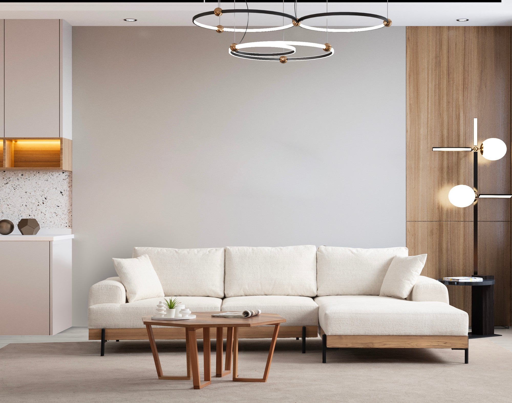 Sofá de canto elegante, branco, 280 x 170 cm | Estrutura em madeira de faia e aglomerado, 100% poliéster, assento em espuma macia | Design moderno com pernas de metal